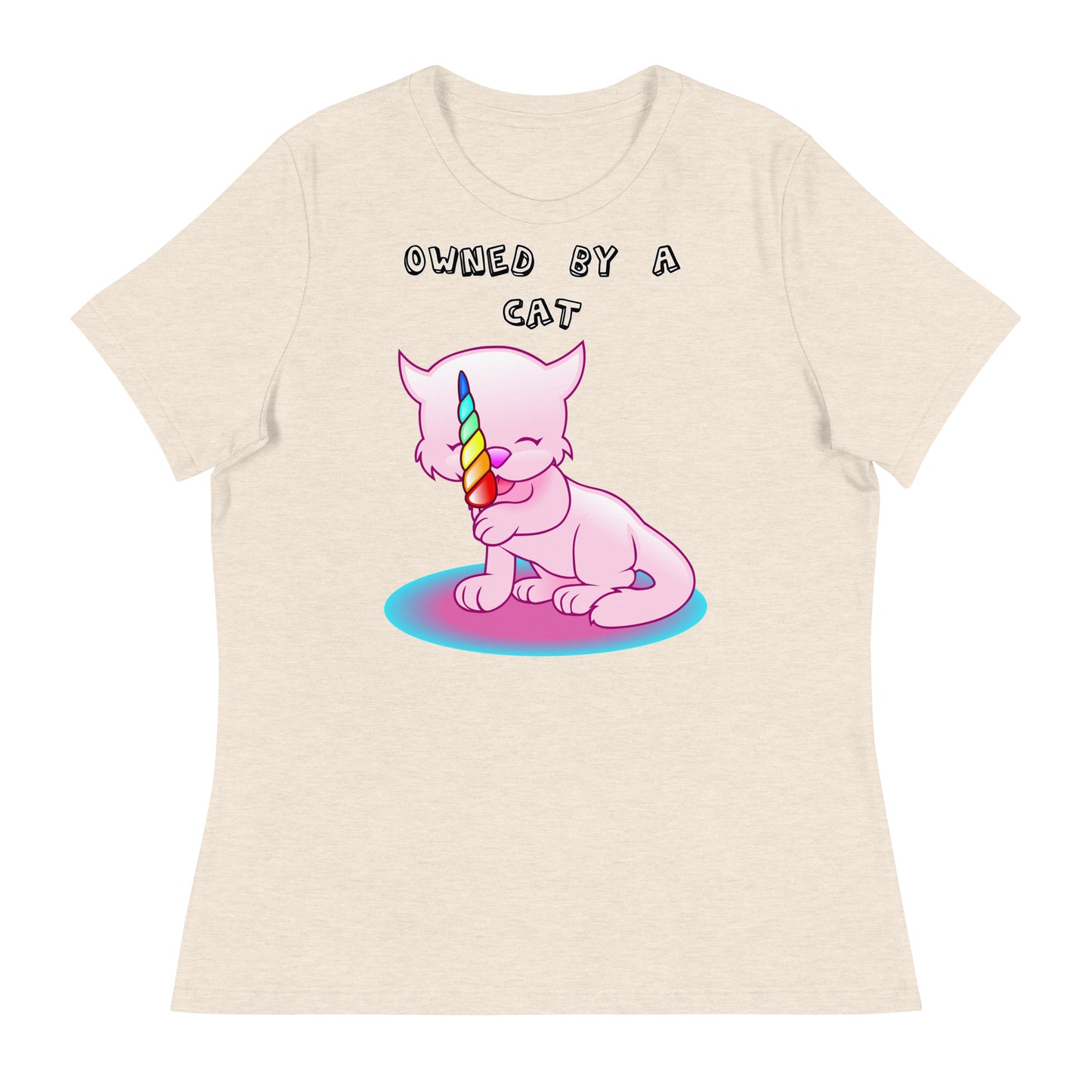 Women's White T-Shirt with Pink Kitten Licking Candy with a text "Owned by a Cat" at $25.97 found at Personalizedpetlovergifts