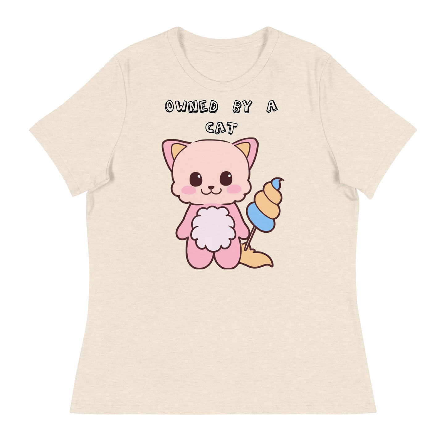 Women's White T-Shirt with Pink Kitten Holding a Cotton Candy with a text "Owned by a Cat" at $25.97 found at Personalizedpetlovergifts