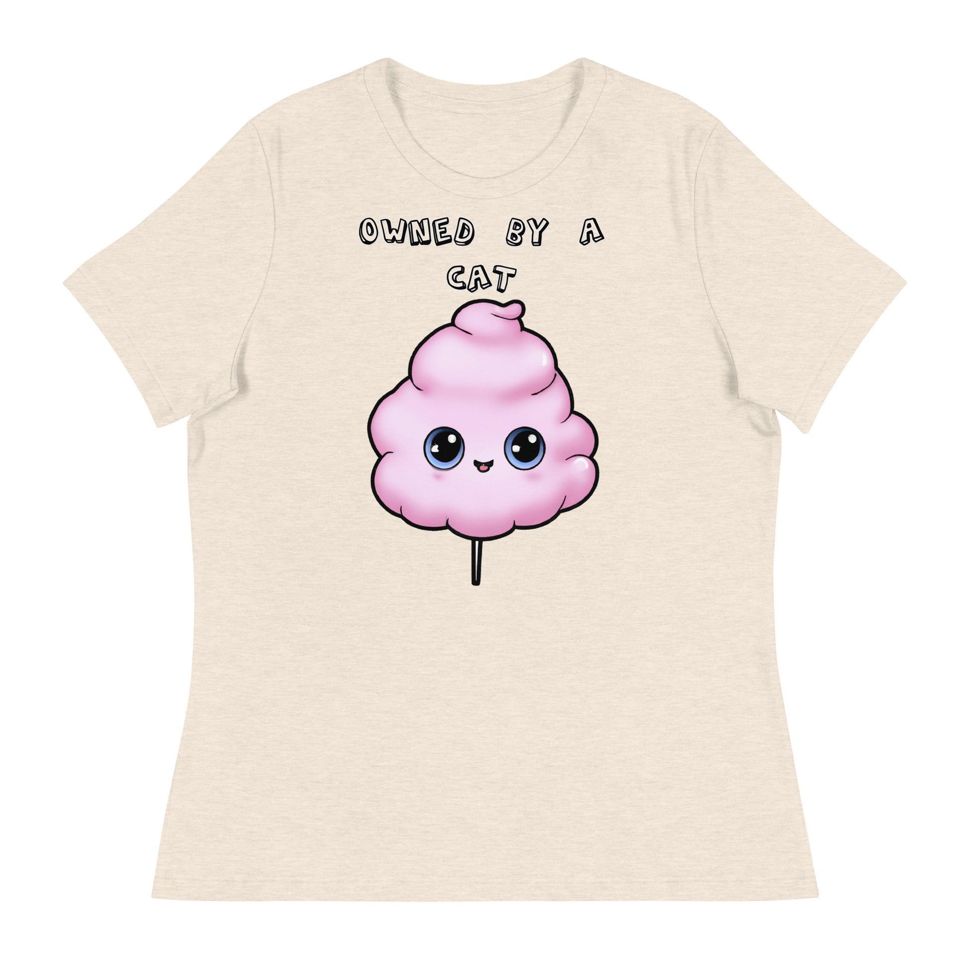 Women's White T-Shirt with Pink Cotton Candy With Cute Eyes with a text "Owned by a Cat" at $25.97 found at Personalizedpetlovergifts