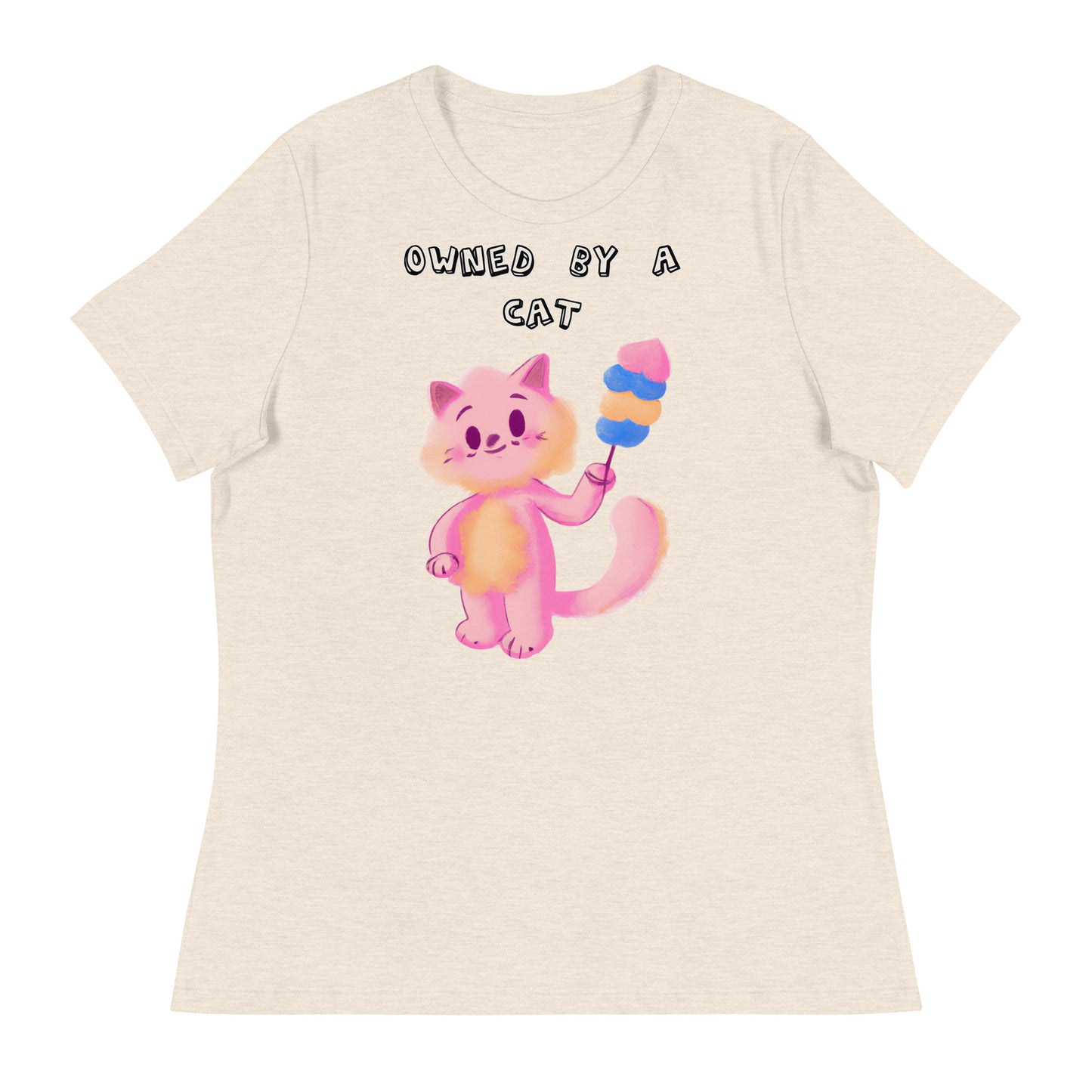 Women's White T-Shirt with Pink Cat With Cotton Candy with a text "Owned by a Cat" at $25.97 found at Personalizedpetlovergifts