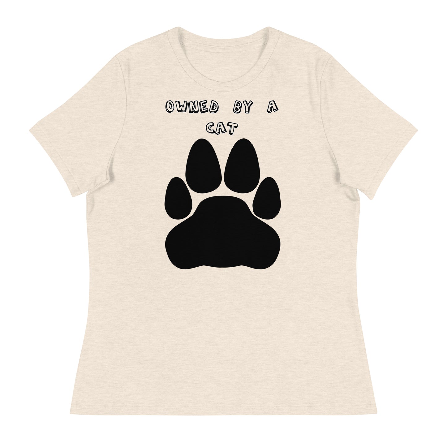 Women's White T-Shirt with Paw with a text "Owned by a Cat" at $25.97 found at Personalizedpetlovergifts