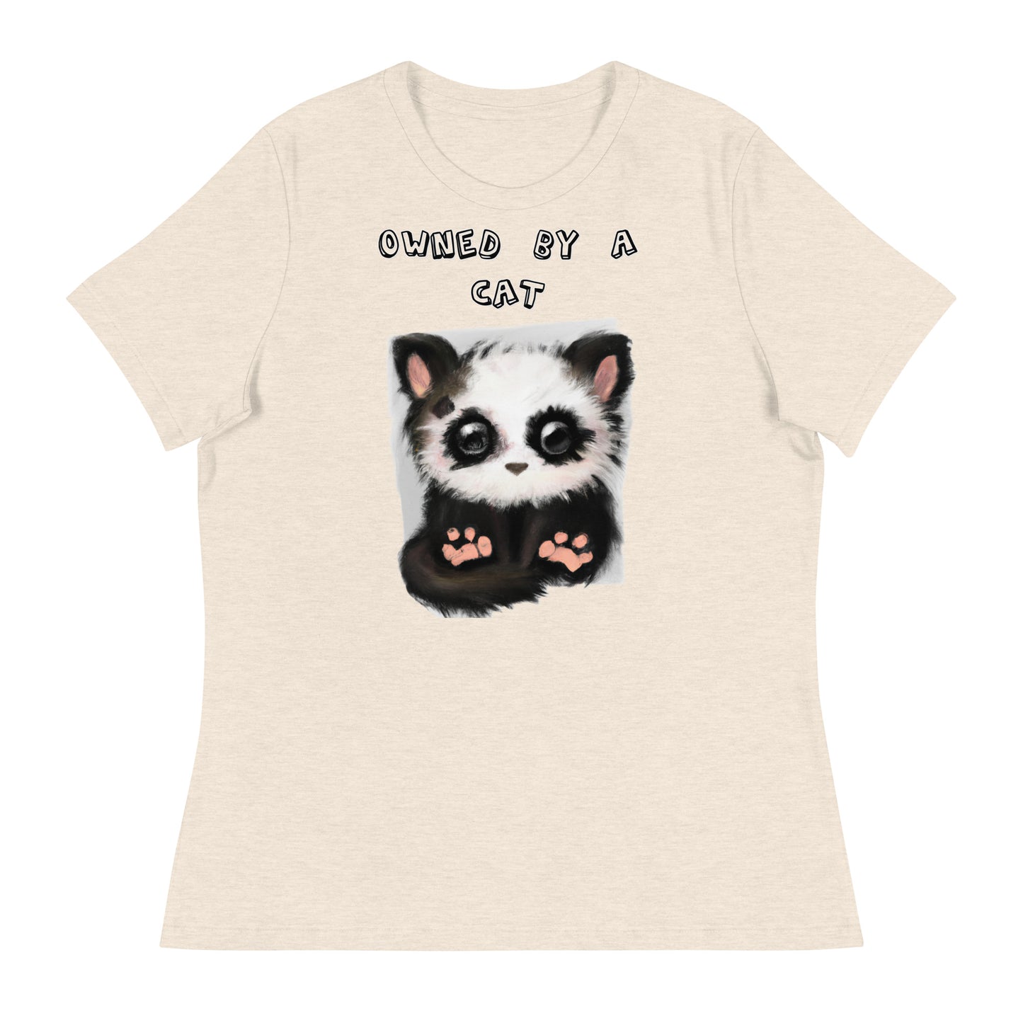 Women's White T-Shirt with Panda Kitten with a text "Owned by a Cat" at $25.97 found at Personalizedpetlovergifts