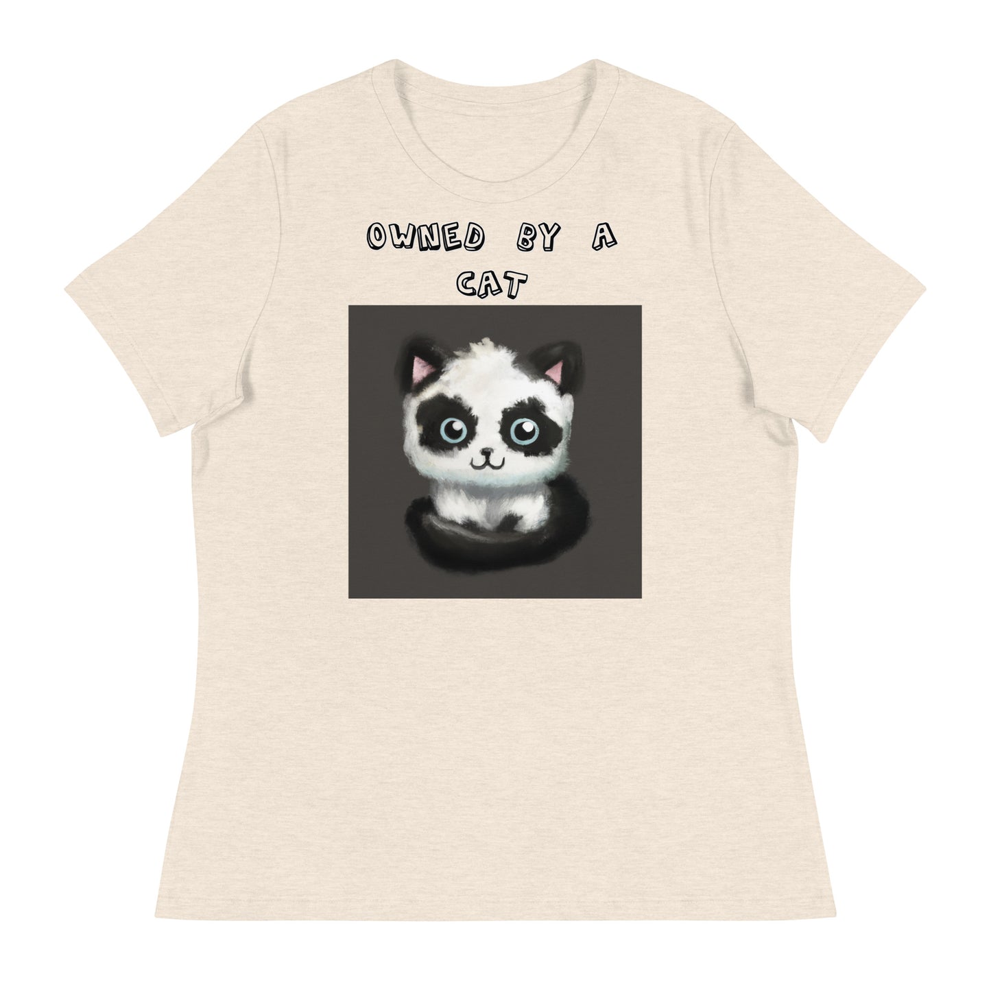 Women's White T-Shirt with Panda Colored Kitten with a text "Owned by a Cat" at $25.97 found at Personalizedpetlovergifts