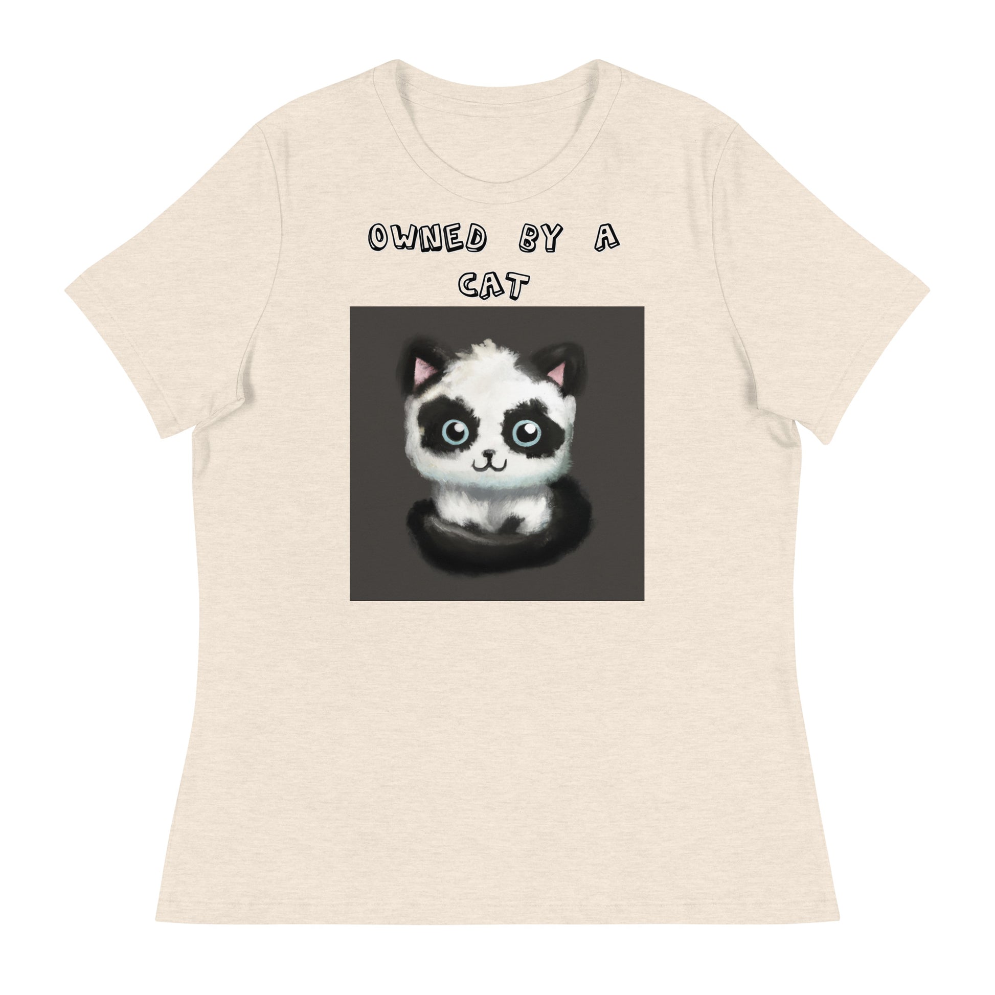 Women's White T-Shirt with Panda Colored Kitten with a text "Owned by a Cat" at $25.97 found at Personalizedpetlovergifts