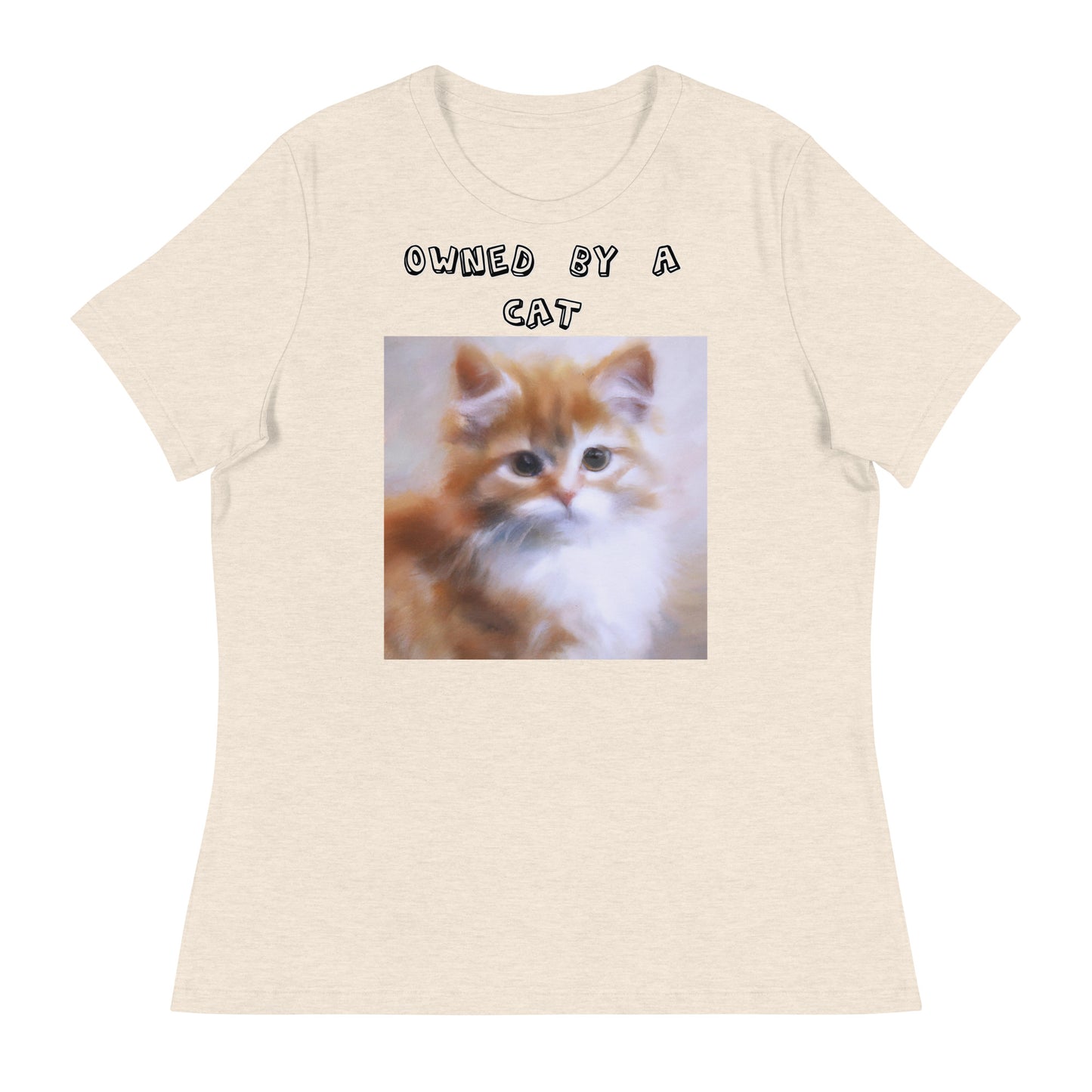 Women's White T-Shirt with Orange Fluffy Kitten with a text "Owned by a Cat" at $25.97 found at Personalizedpetlovergifts