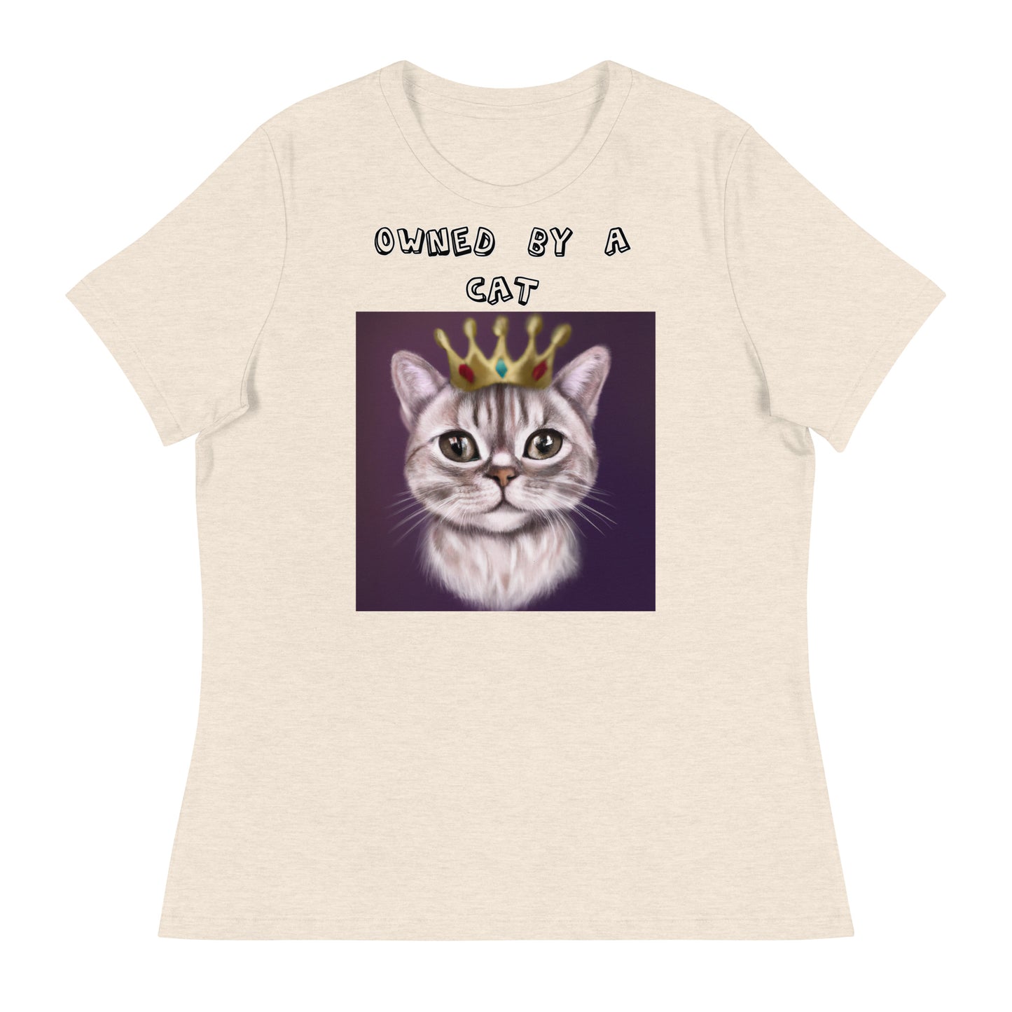 Women's White T-Shirt with Little Prince Kitten with a text "Owned by a Cat" at $25.97 found at Personalizedpetlovergifts