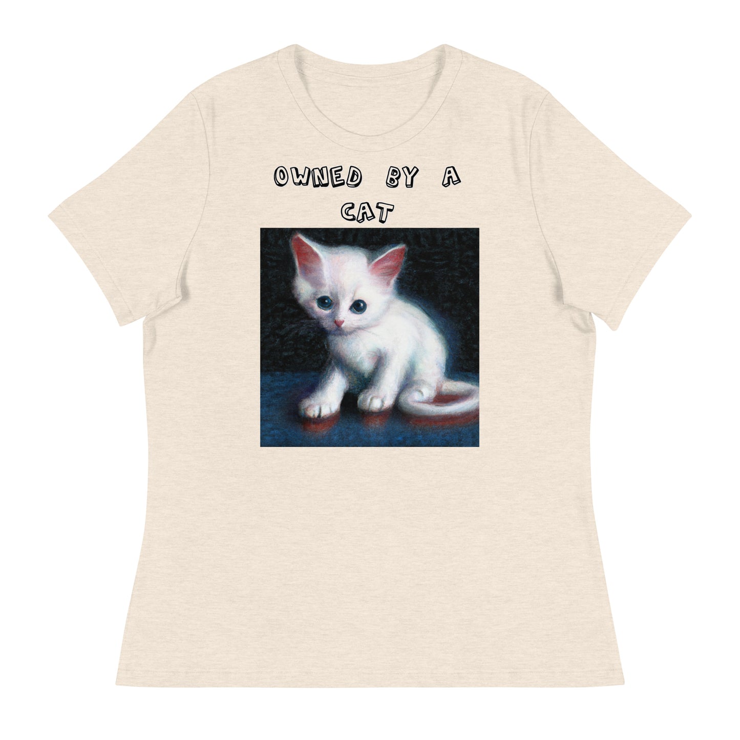 Women's White T-Shirt with Little Kitten with a text "Owned by a Cat" at $25.97 found at Personalizedpetlovergifts