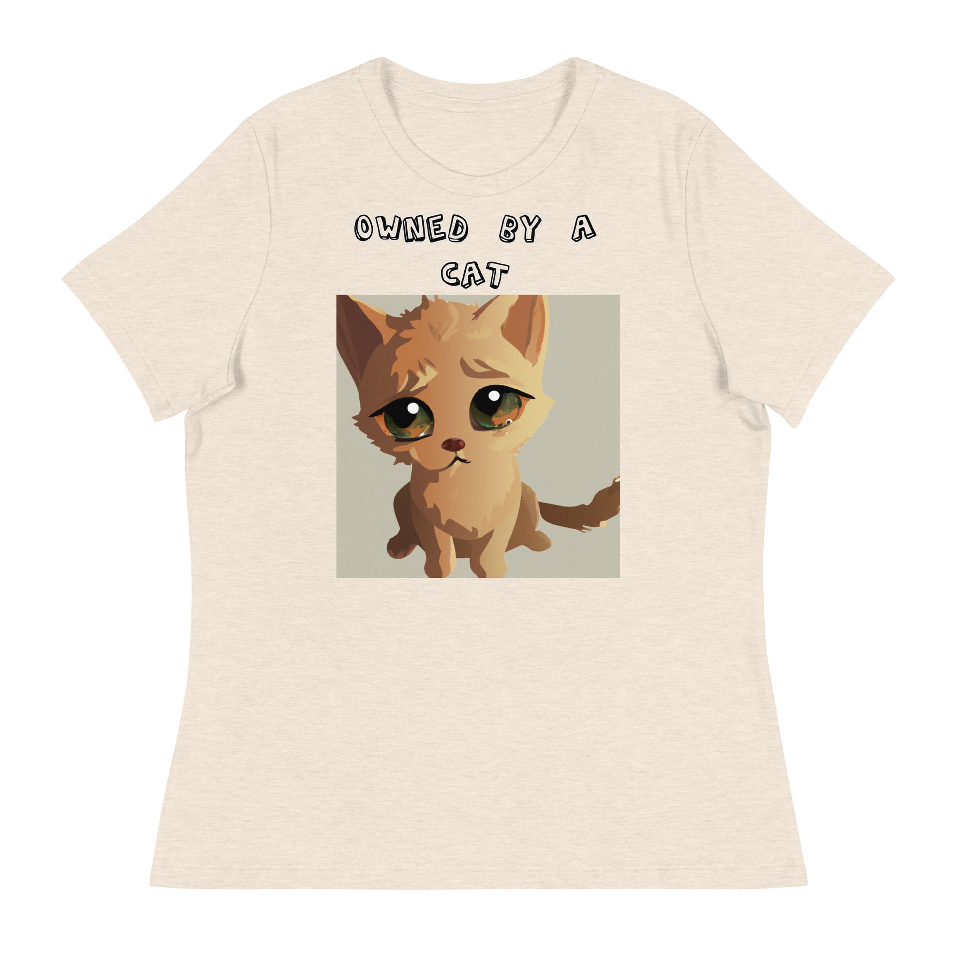 Women's White T-Shirt with Kitten With Sad Eyes with a text "Owned by a Cat" at $25.97 found at Personalizedpetlovergifts