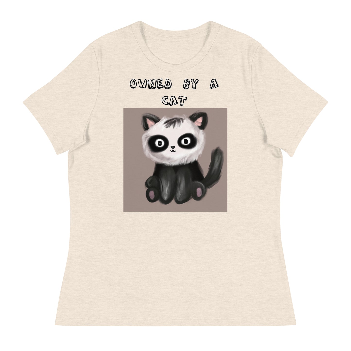 Women's White T-Shirt with Kitten With Panda Colors with a text "Owned by a Cat" at $25.97 found at Personalizedpetlovergifts