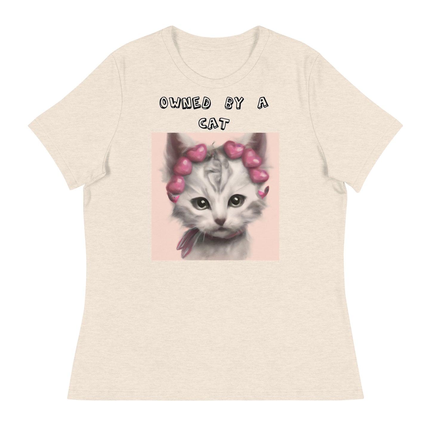 Women's White T-Shirt with Kitten With Heart Headband with a text "Owned by a Cat" at $25.97 found at Personalizedpetlovergifts