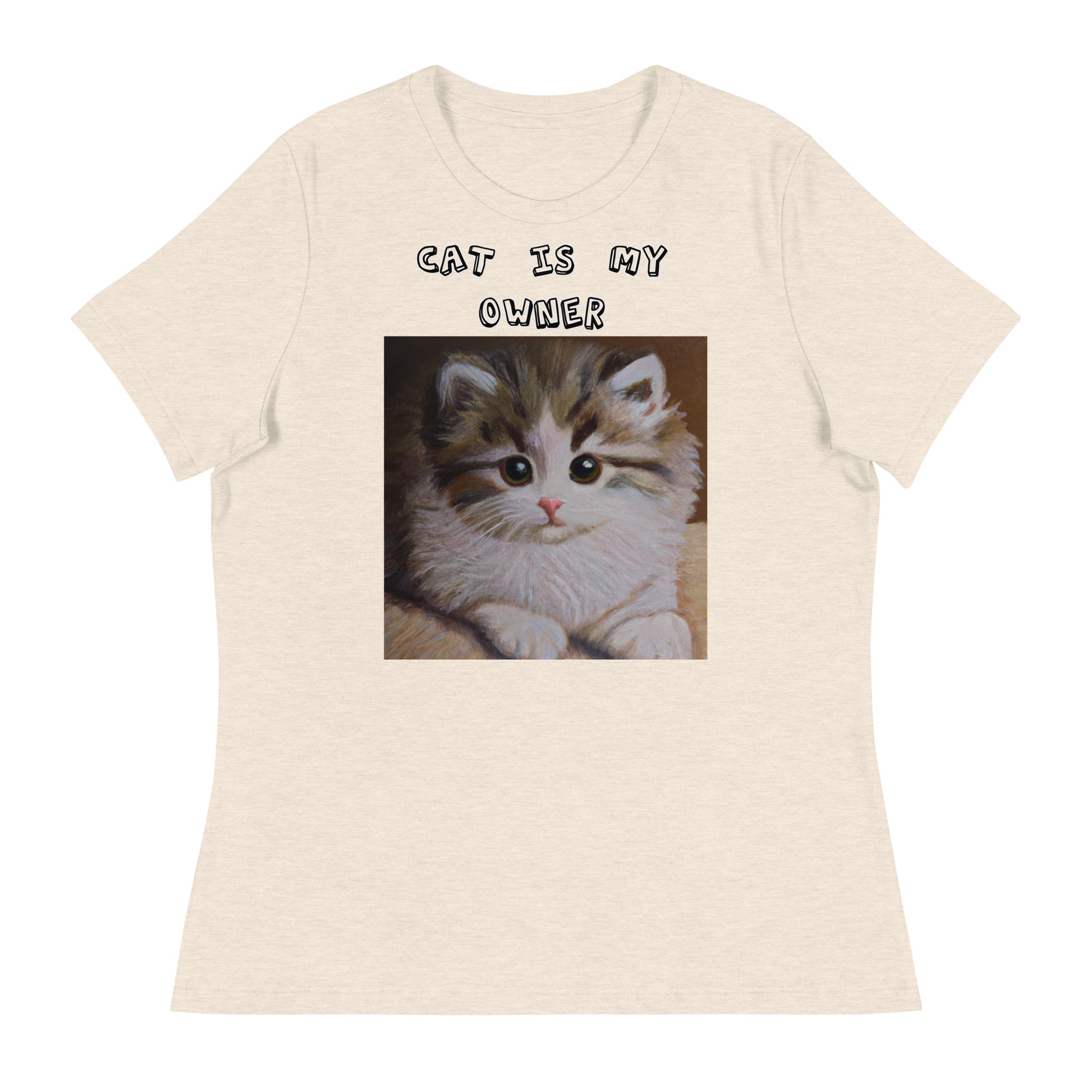 Women's White T-Shirt with Small Fluffy Kitten Painting with a text "Cat Is My Owner" at $25.97 found at Personalizedpetlovergifts