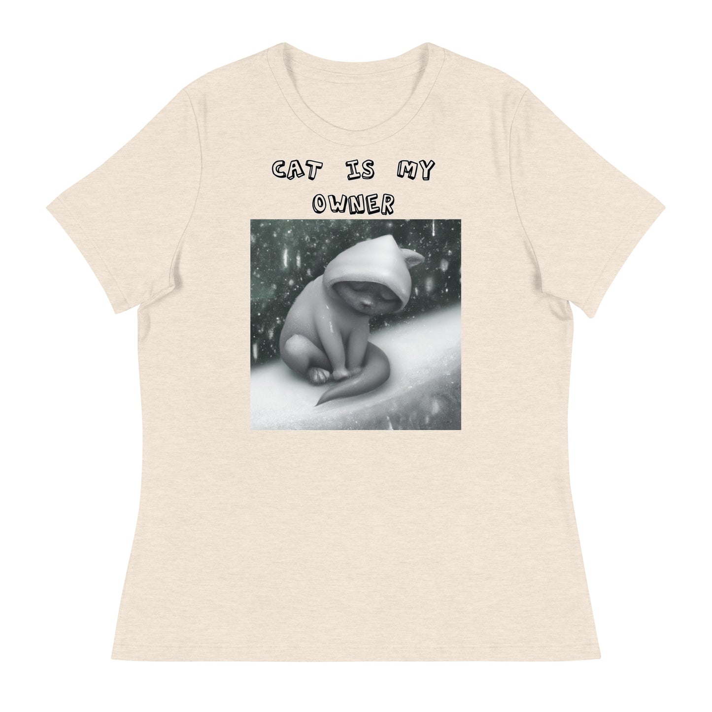 Women's White T-Shirt with Sad Cold Kitten In The Snow with a text "Cat Is My Owner" at $25.97 found at Personalizedpetlovergifts