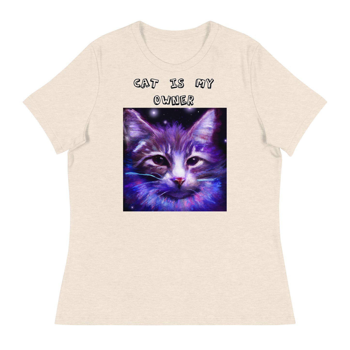 Women's White T-Shirt with Purple Space Cat with a text "Cat Is My Owner" at $25.97 found at Personalizedpetlovergifts