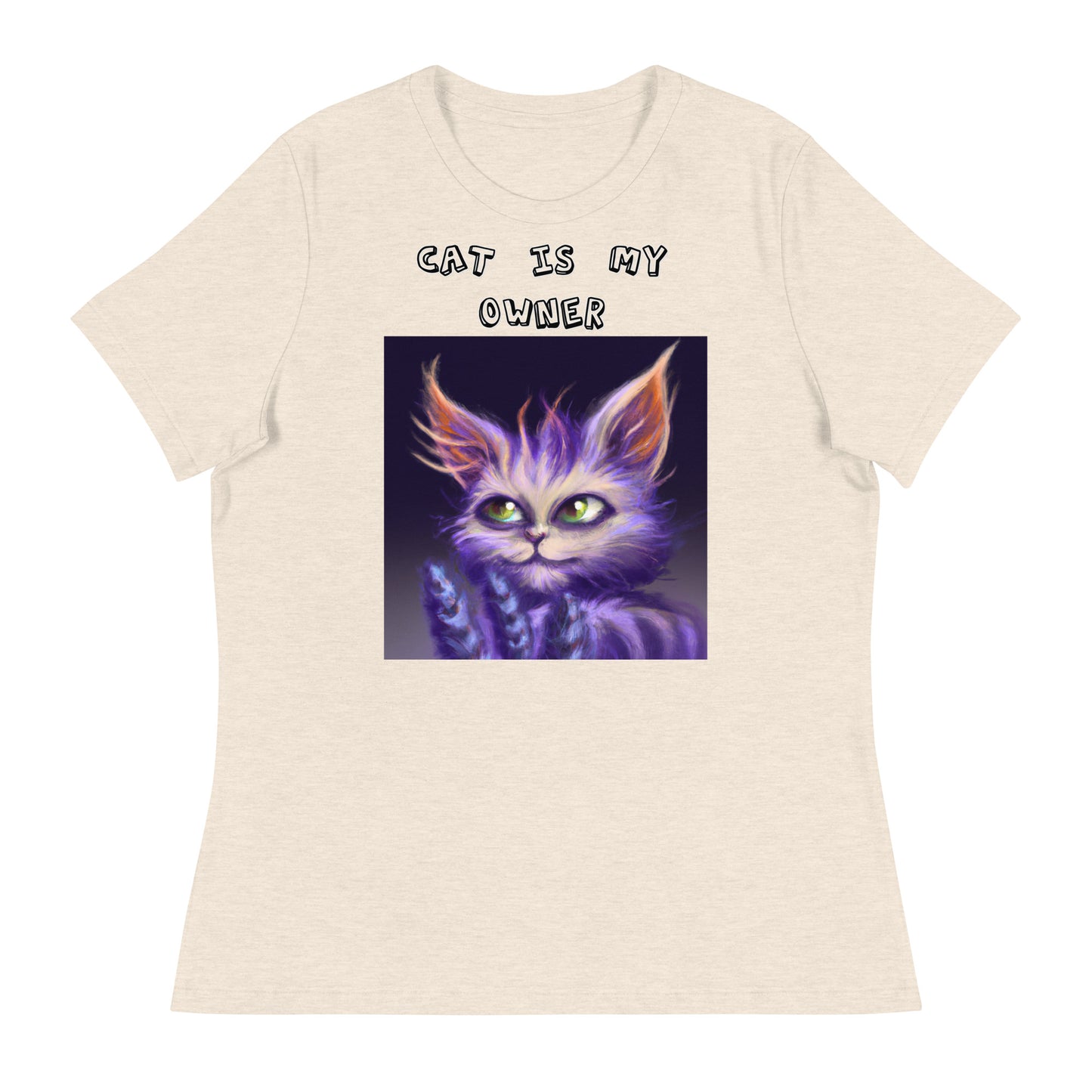 Women's White T-Shirt with Purple Alien Cat with a text "Cat Is My Owner" at $25.97 found at Personalizedpetlovergifts