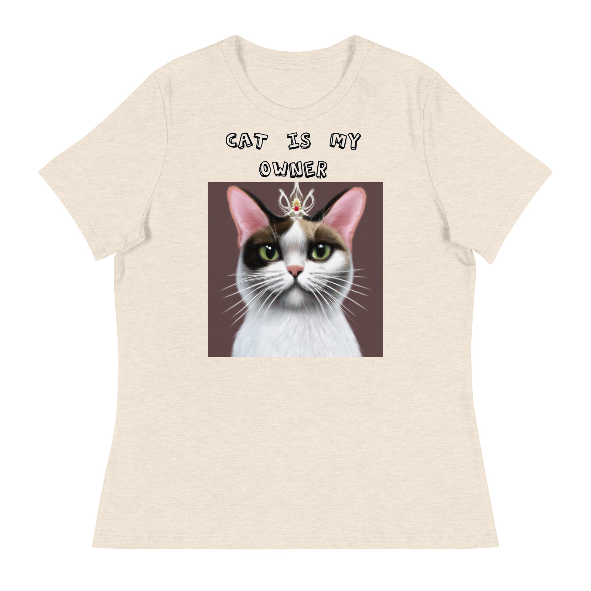 Women's White T-Shirt with Princess Cat With a Tiara with a text "Cat Is My Owner" at $25.97 found at Personalizedpetlovergifts