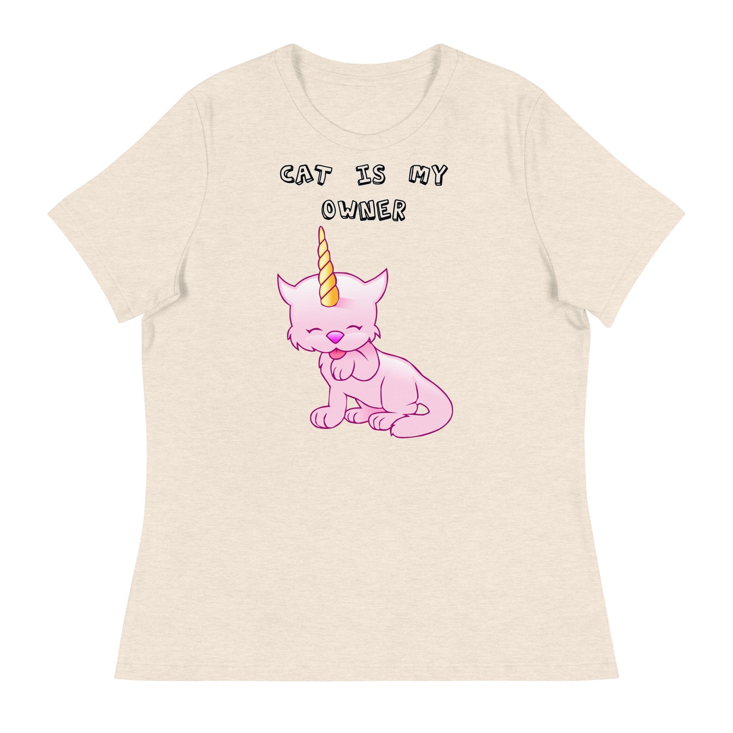 Women's White T-Shirt with Pink Unicorn Cat Licking Its Paw with a text "Cat Is My Owner" at $25.97 found at Personalizedpetlovergifts