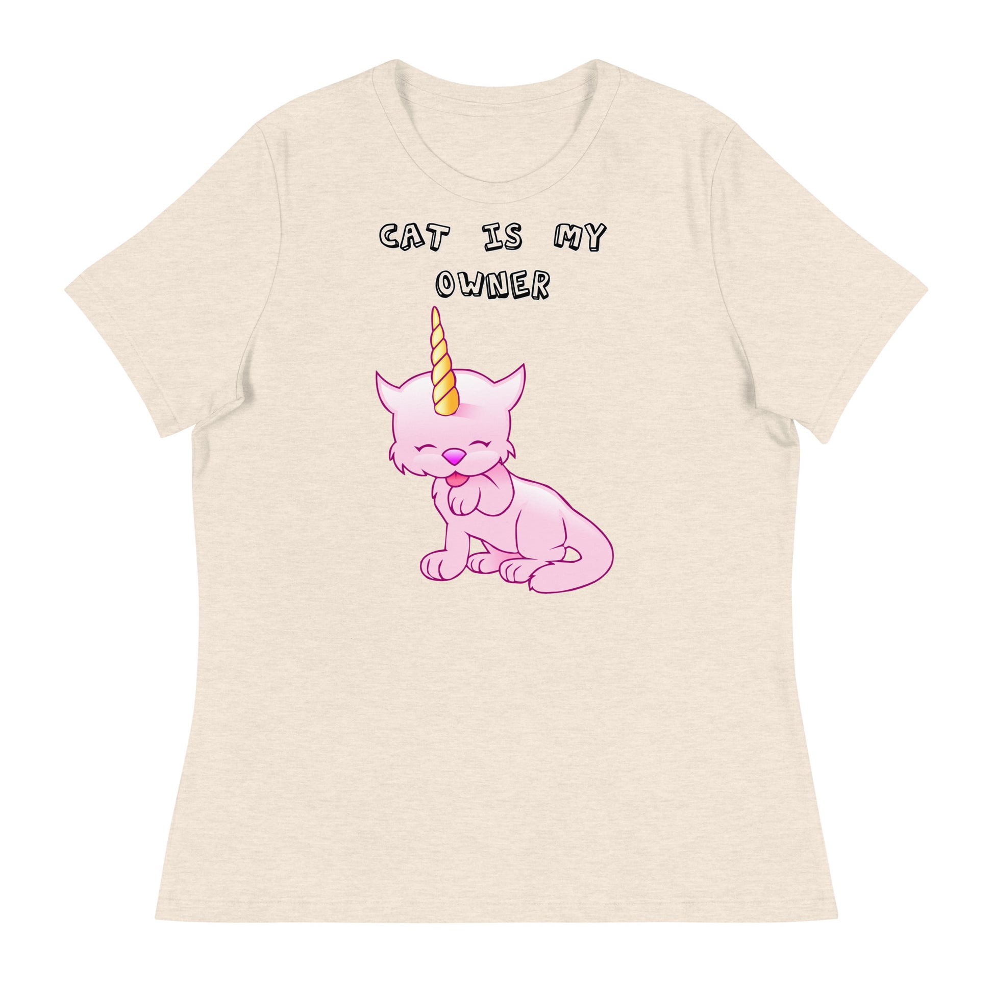 Women's White T-Shirt with Pink Unicorn Cat Licking Its Paw with a text "Cat Is My Owner" at $25.97 found at Personalizedpetlovergifts