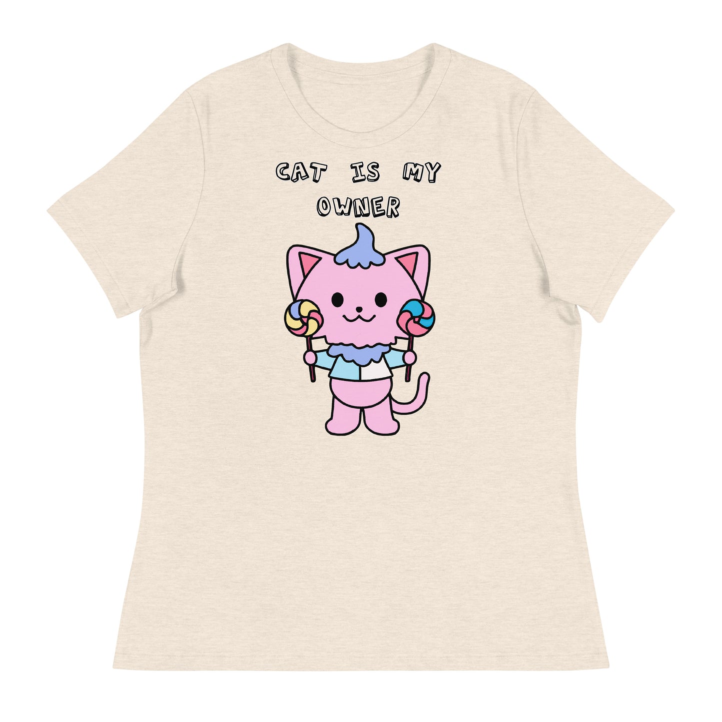 Women's White T-Shirt with Pink Kitten With Lollipops with a text "Cat Is My Owner" at $25.97 found at Personalizedpetlovergifts