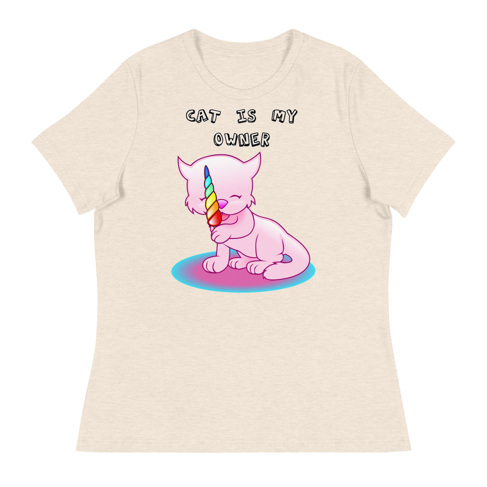 Women's White T-Shirt with Pink Kitten Licking Candy with a text "Cat Is My Owner" at $25.97 found at Personalizedpetlovergifts