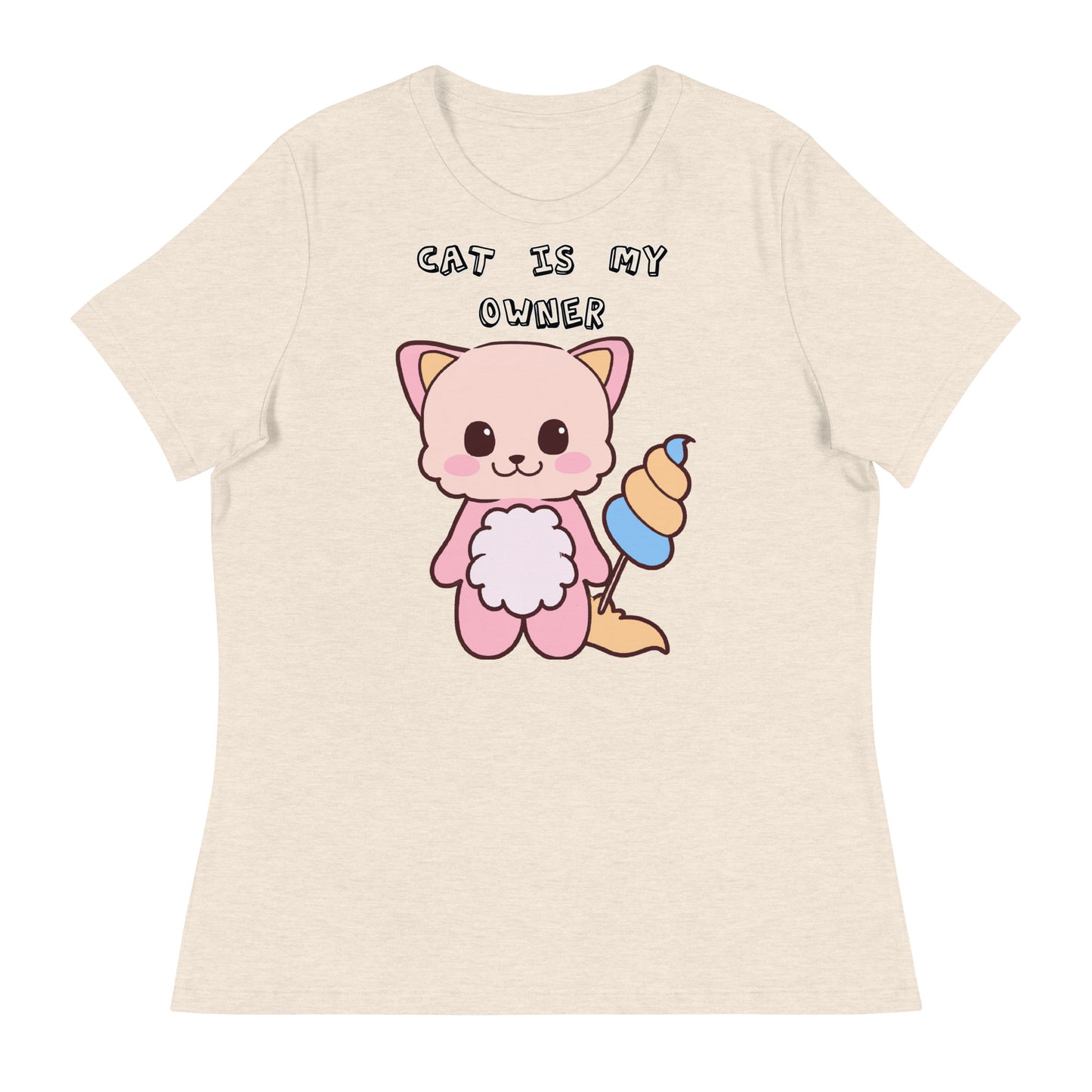 Women's White T-Shirt with Pink Kitten Holding a Cotton Candy with a text "Cat Is My Owner" at $25.97 found at Personalizedpetlovergifts