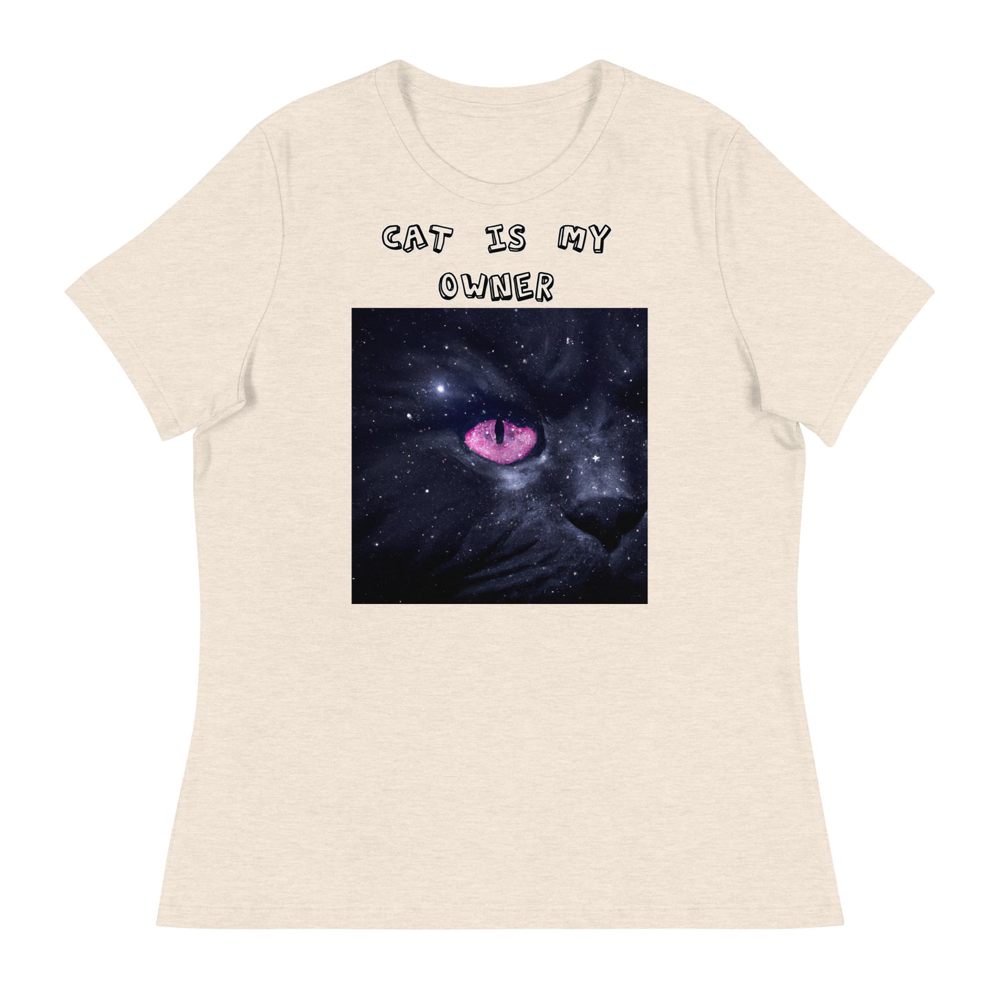 Women's White T-Shirt with Pink Galaxy Eyed Cat with a text "Cat Is My Owner" at $25.97 found at Personalizedpetlovergifts