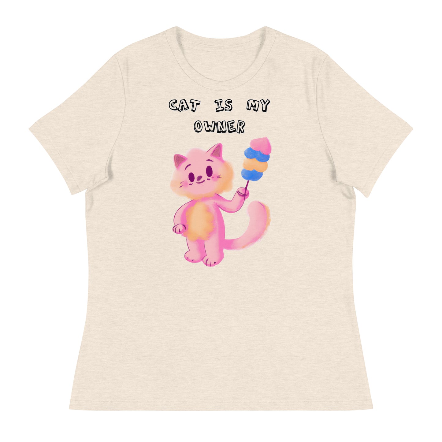 Women's White T-Shirt with Pink Cat With Cotton Candy with a text "Cat Is My Owner" at $25.97 found at Personalizedpetlovergifts