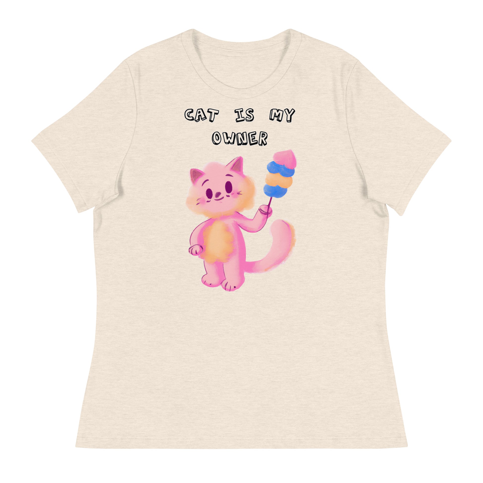 Women's White T-Shirt with Pink Cat With Cotton Candy with a text "Cat Is My Owner" at $25.97 found at Personalizedpetlovergifts