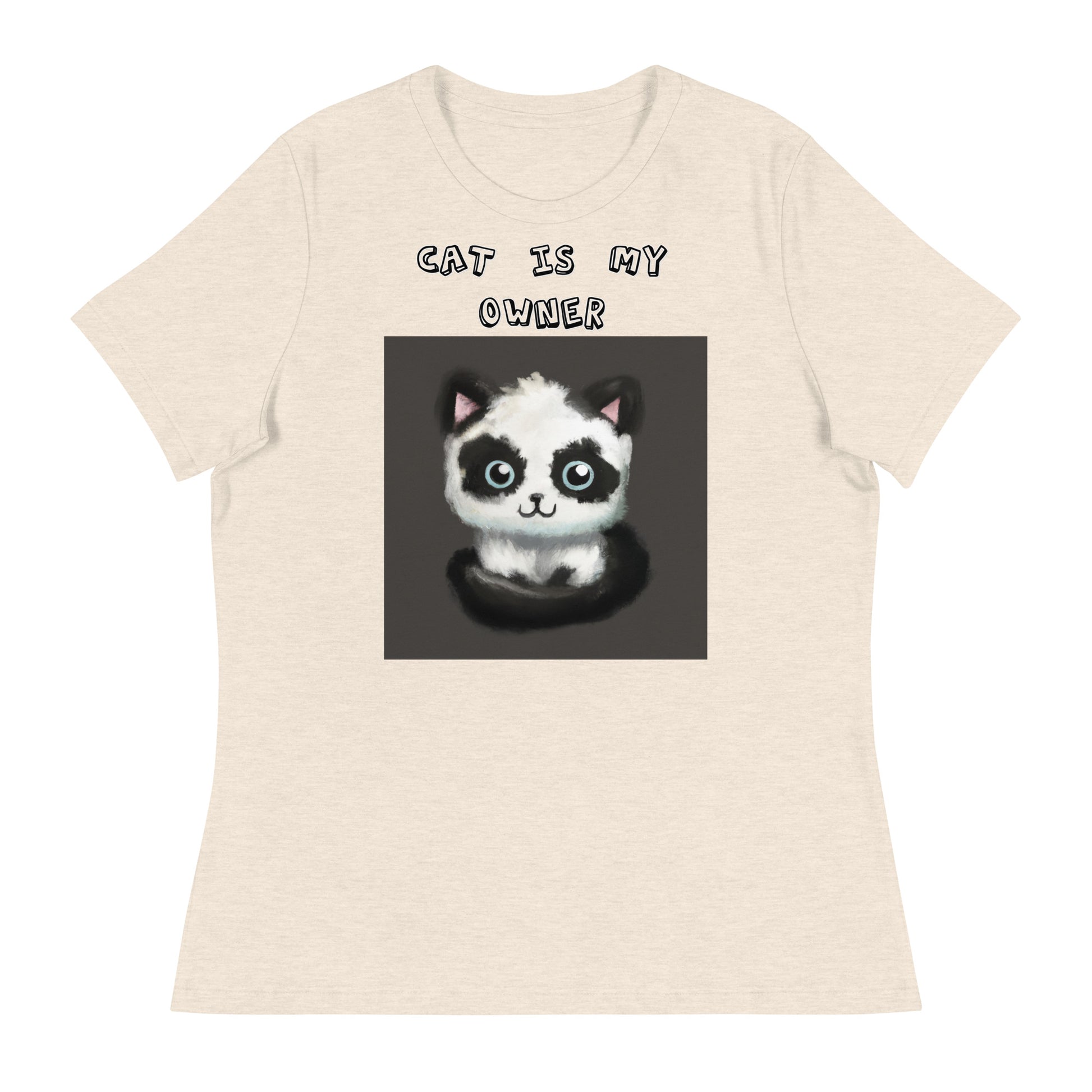 Women's White T-Shirt with Panda Colored Kitten with a text "Cat Is My Owner" at $25.97 found at Personalizedpetlovergifts