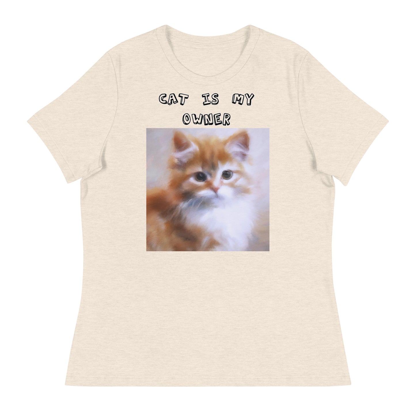 Women's White T-Shirt with Orange Fluffy Kitten with a text "Cat Is My Owner" at $25.97 found at Personalizedpetlovergifts