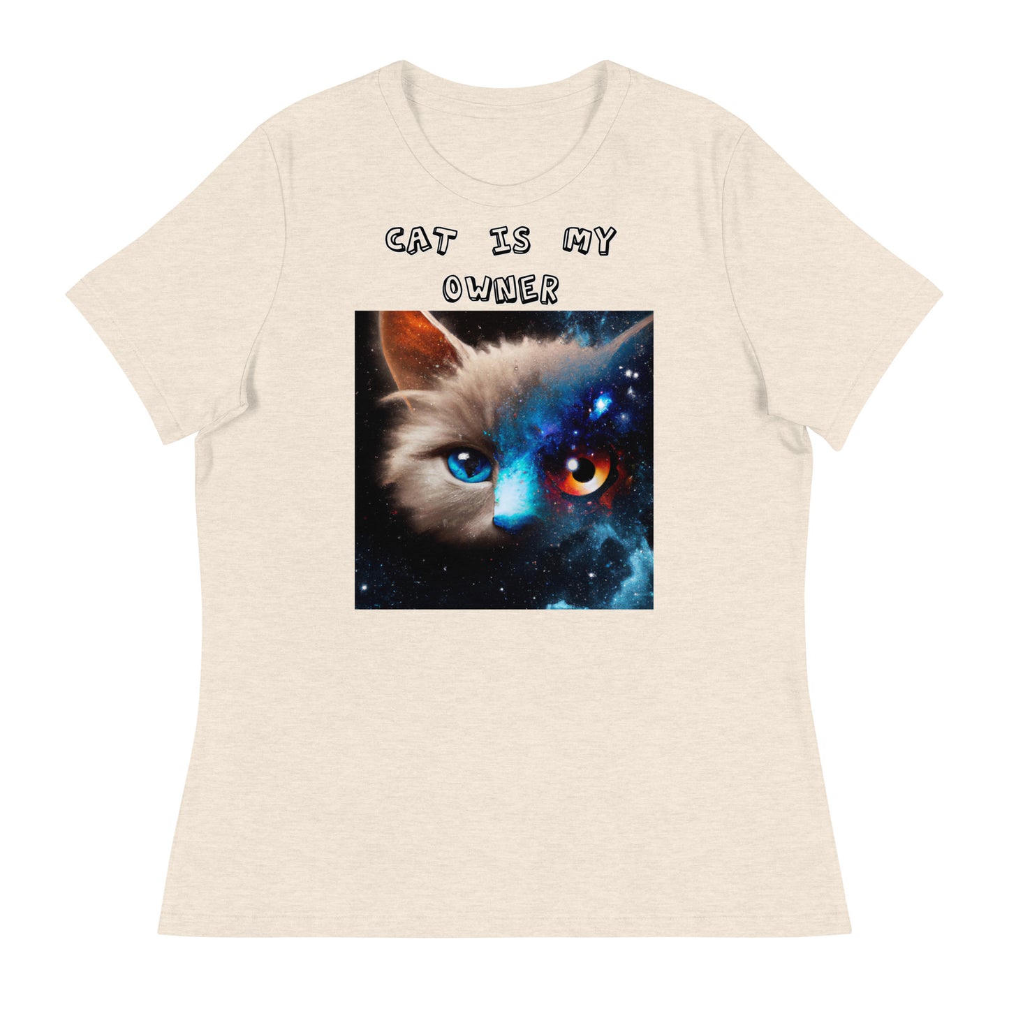 Women's White T-Shirt with Multi Colored Eyed Cat with a text "Cat Is My Owner" at $25.97 found at Personalizedpetlovergifts