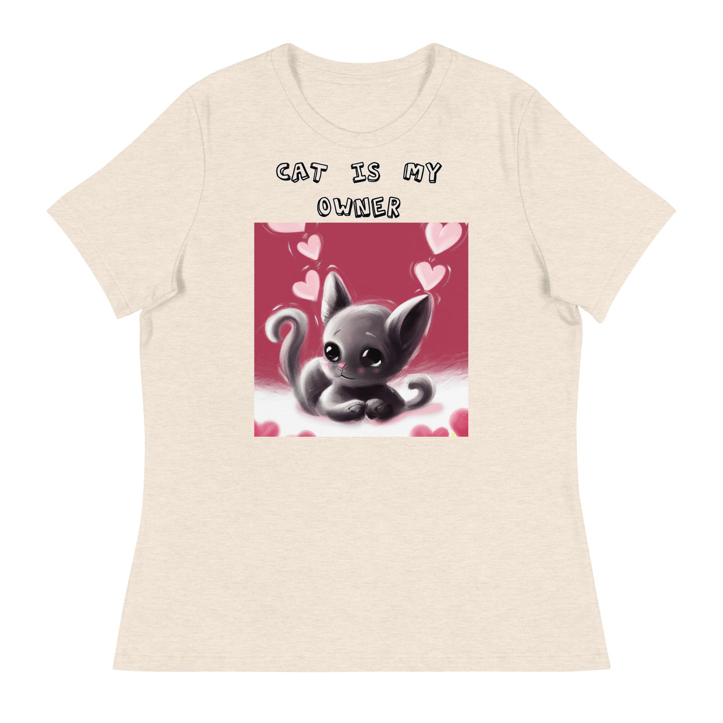 Women's White T-Shirt with Kitten With Pink Hearts with a text "Cat Is My Owner" at $25.97 found at Personalizedpetlovergifts