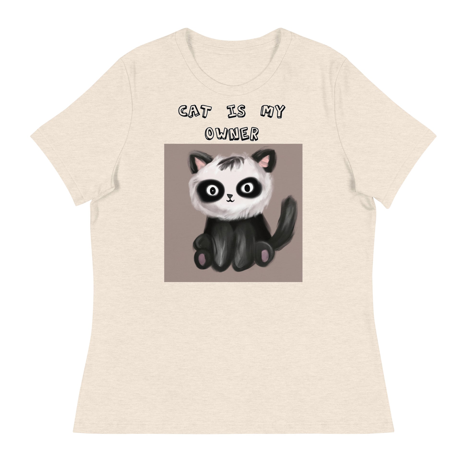 Women's White T-Shirt with Kitten With Panda Colors with a text "Cat Is My Owner" at $25.97 found at Personalizedpetlovergifts