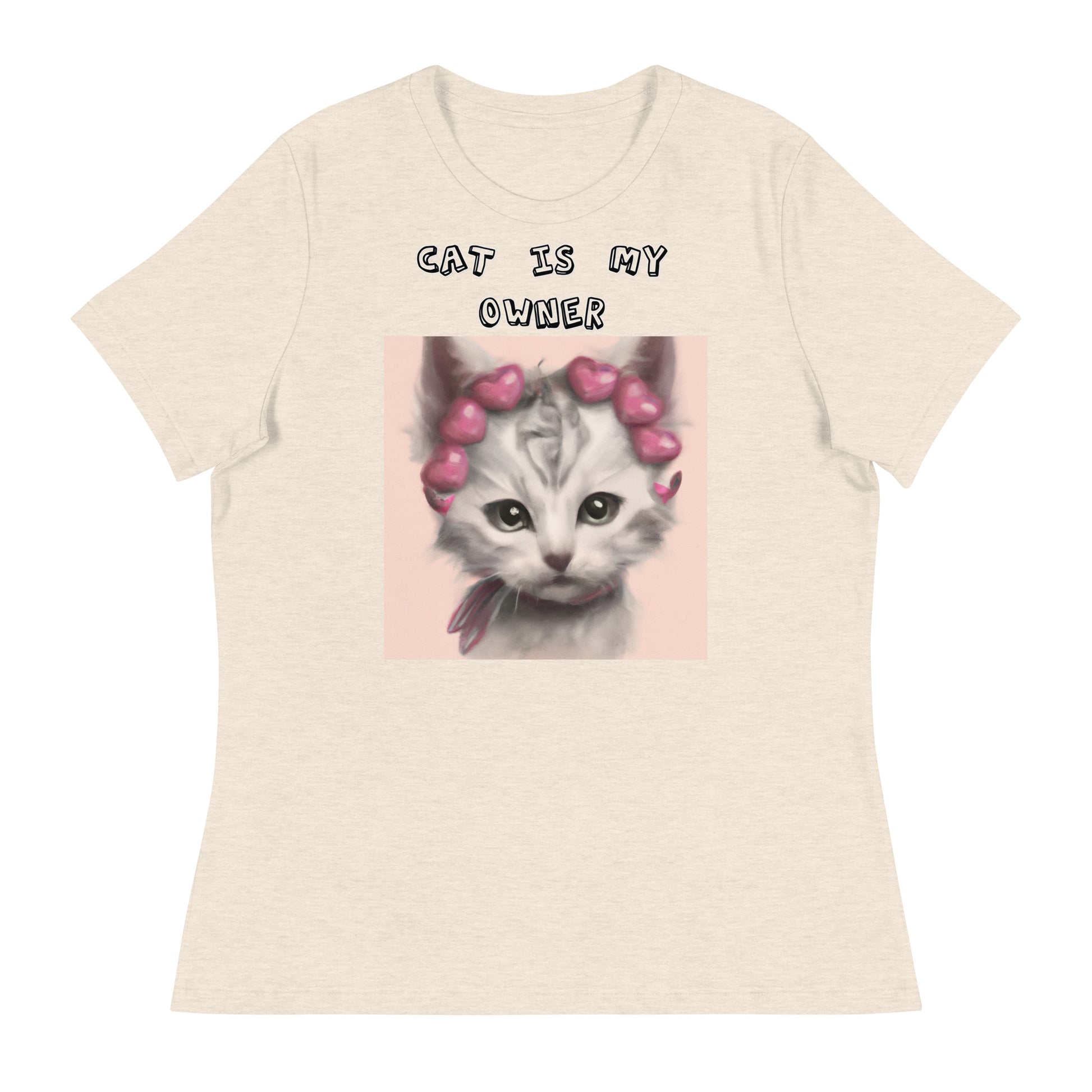 Women's White T-Shirt with Kitten With Heart Headband with a text "Cat Is My Owner" at $25.97 found at Personalizedpetlovergifts