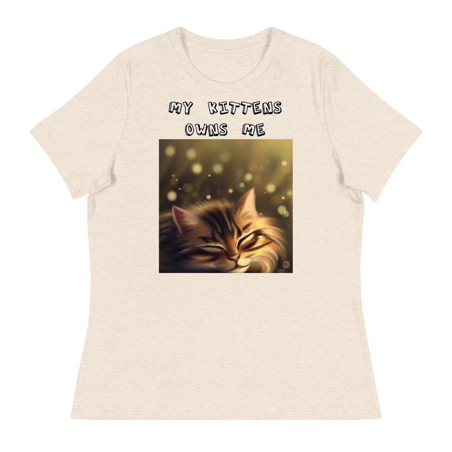 Women's White T-Shirt with Sleepy Cat with a text "My Kittens Own Me" at $25.97 found at Personalizedpetlovergifts