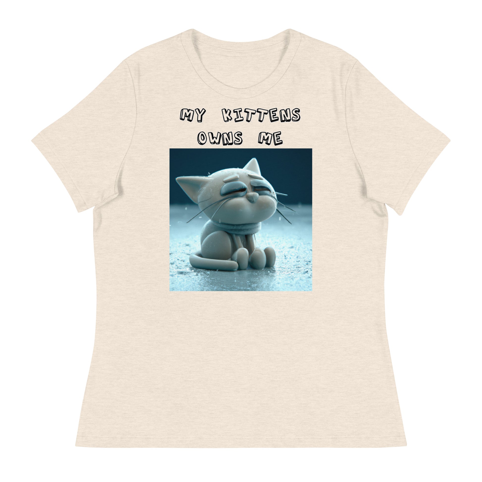 Women's White T-Shirt with Sad Sitting Kitten with a text "My Kittens Own Me" at $25.97 found at Personalizedpetlovergifts