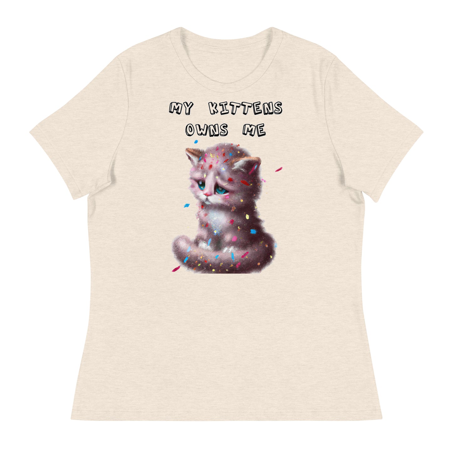 Women's White T-Shirt with Sad Kitten With Confetti with a text "My Kittens Own Me" at $25.97 found at Personalizedpetlovergifts