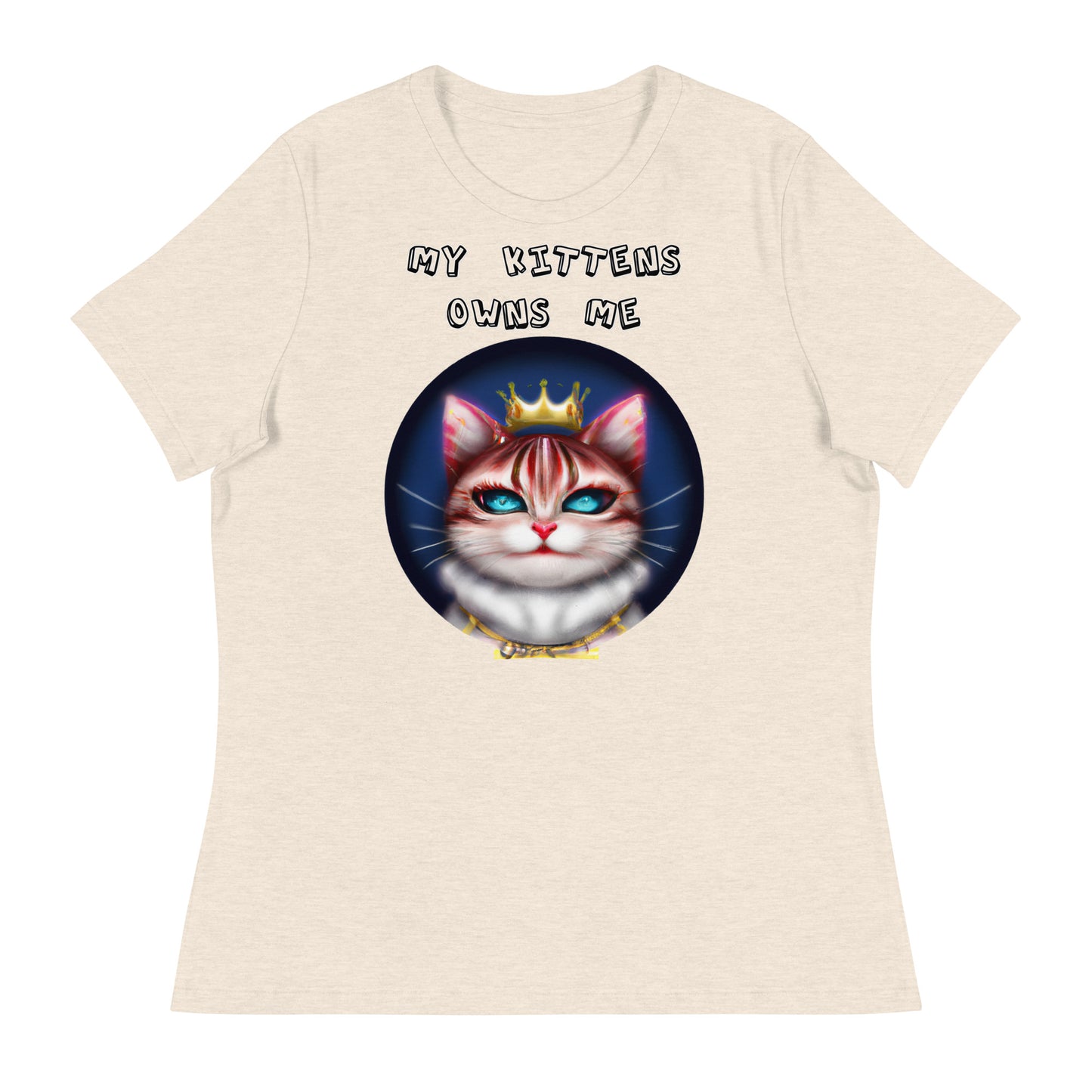 Women's White T-Shirt with Queen Kitten In a Circle with a text "My Kittens Own Me" at $25.97 found at Personalizedpetlovergifts