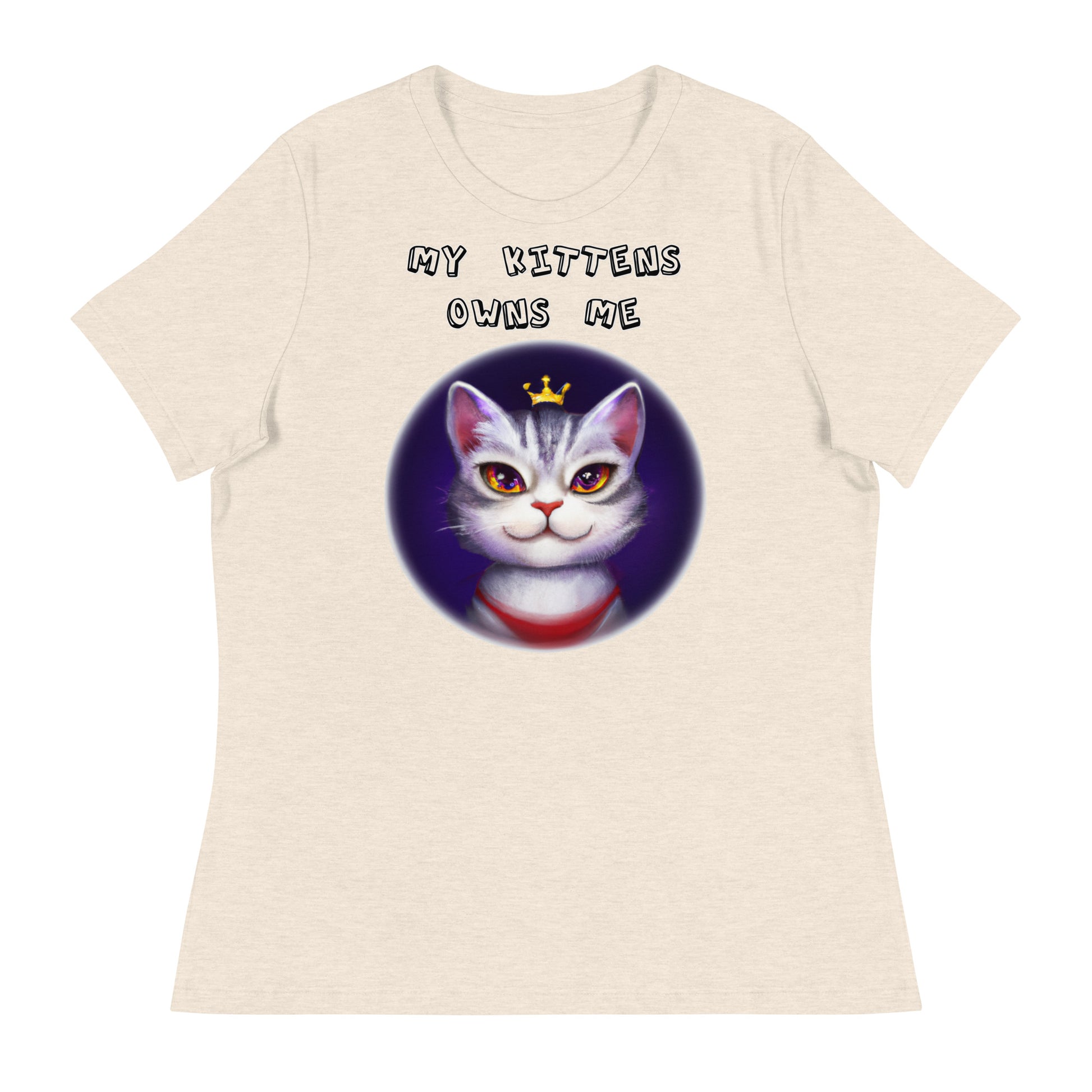 Women's White T-Shirt with Princess Cat In a Circle with a text "My Kittens Own Me" at $25.97 found at Personalizedpetlovergifts