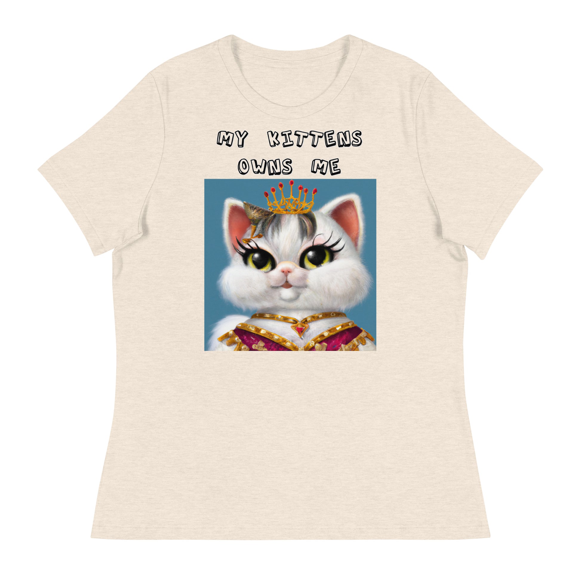 Women's White T-Shirt with Pretty Queen Cat with a text "My Kittens Own Me" at $25.97 found at Personalizedpetlovergifts