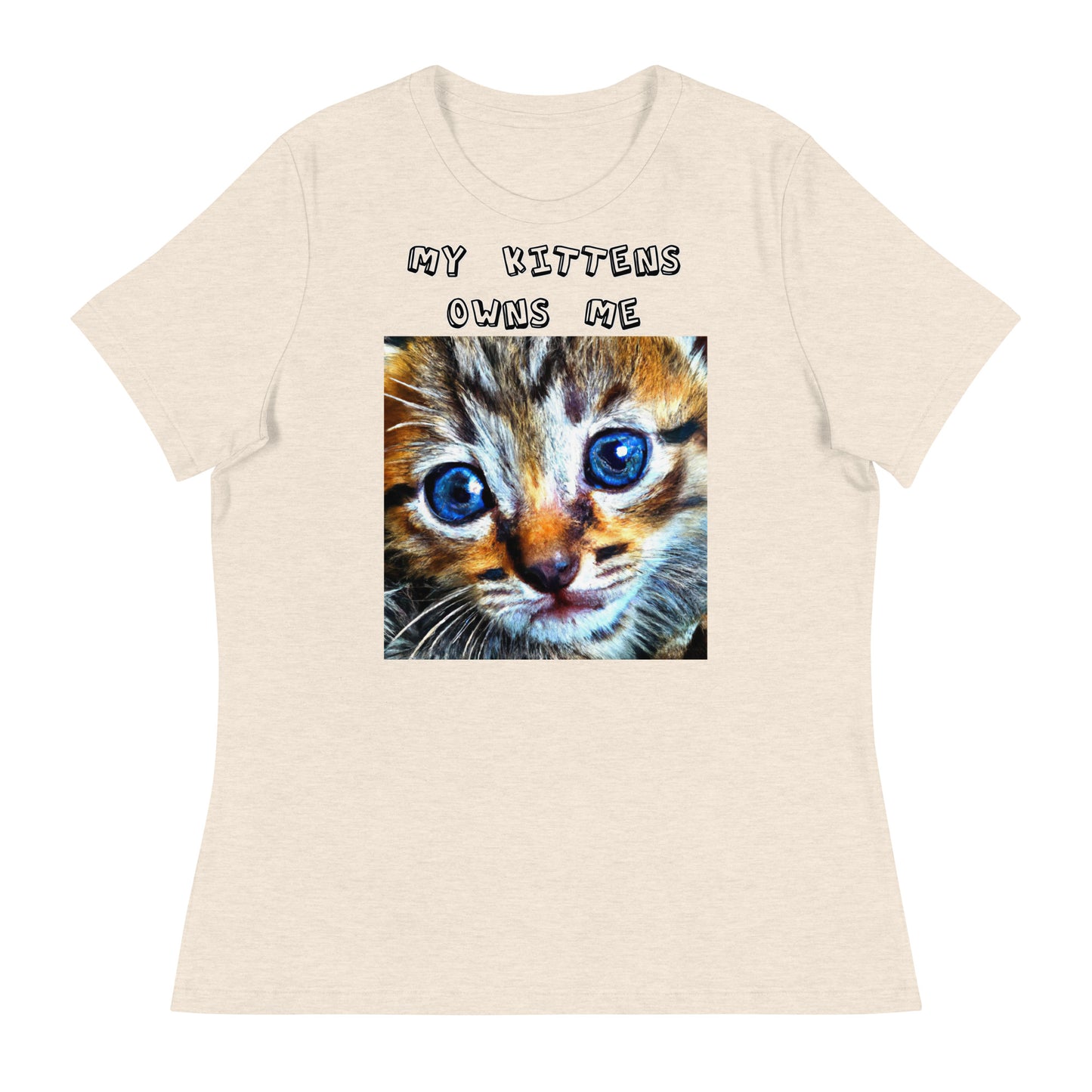 Women's White T-Shirt with Portrait Painting Of a Cat with a text "My Kittens Own Me" at $25.97 found at Personalizedpetlovergifts