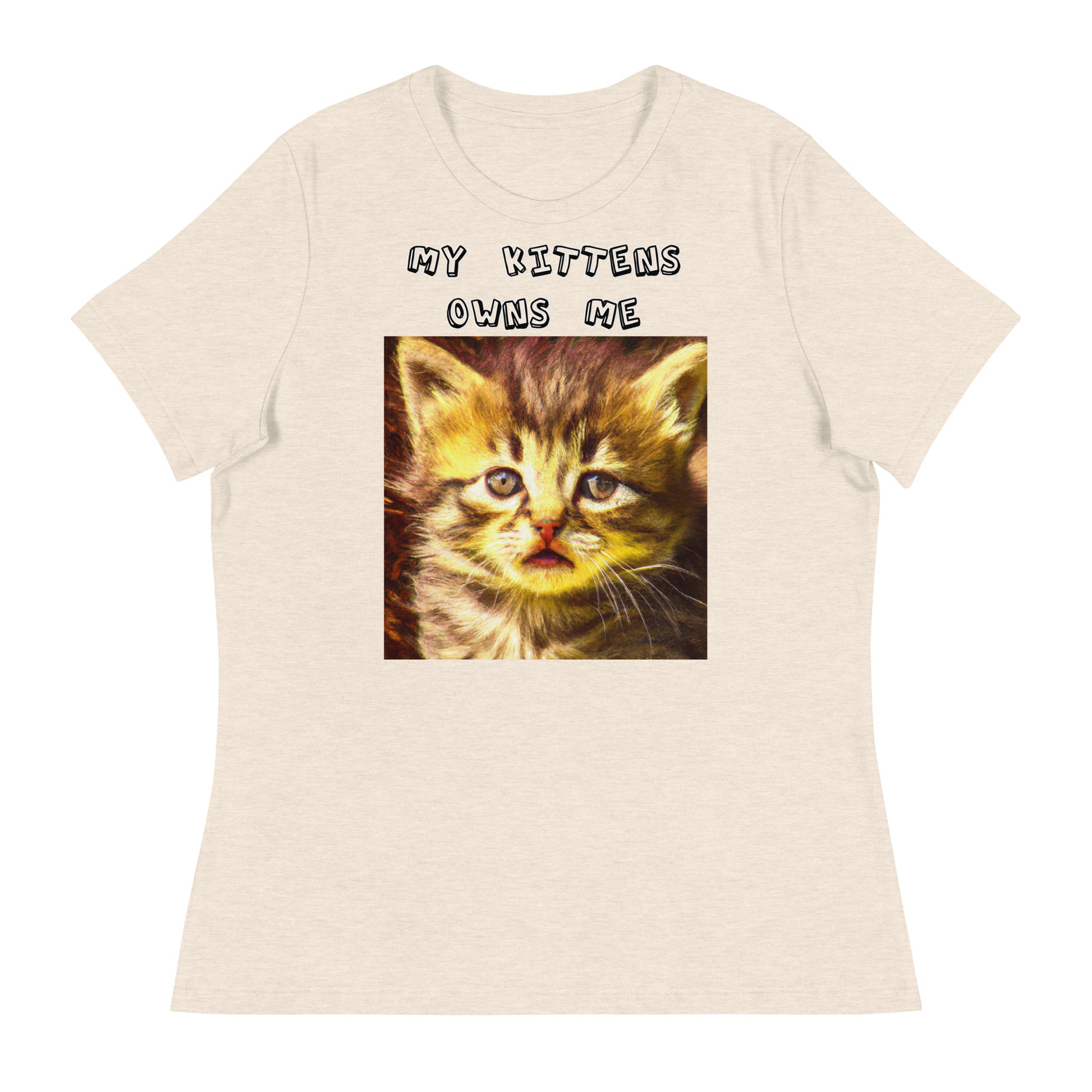 Women's White T-Shirt with Portrait Of a Fluffy Kitten with a text "My Kittens Own Me" at $25.97 found at Personalizedpetlovergifts