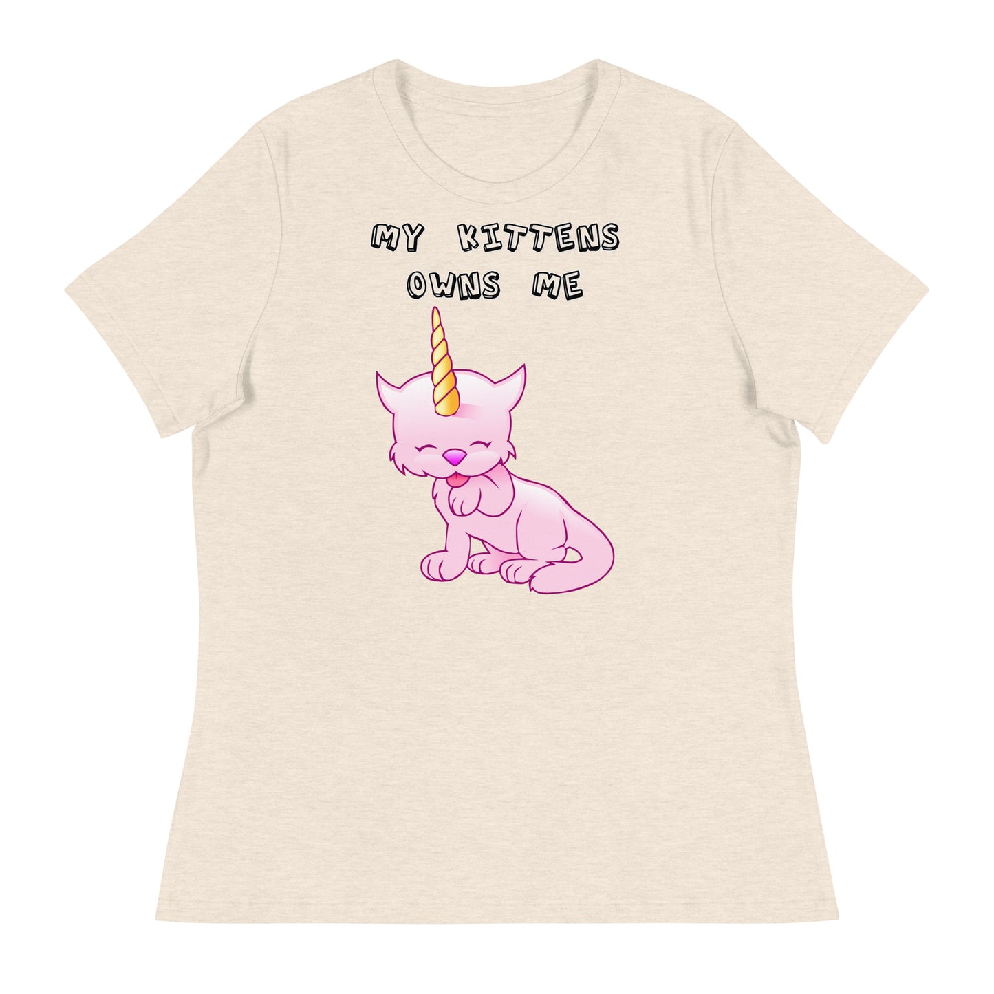 Women's White T-Shirt with Pink Unicorn Cat Licking Its Paw with a text "My Kittens Own Me" at $25.97 found at Personalizedpetlovergifts