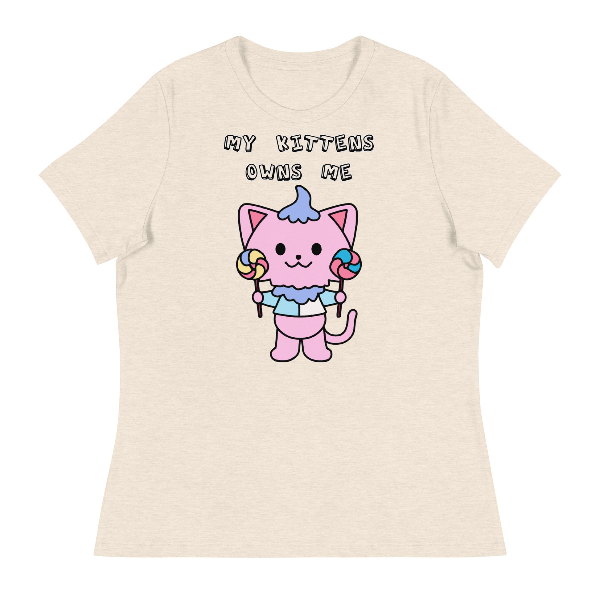 Women's White T-Shirt with Pink Kitten With Lollipops with a text "My Kittens Own Me" at $25.97 found at Personalizedpetlovergifts