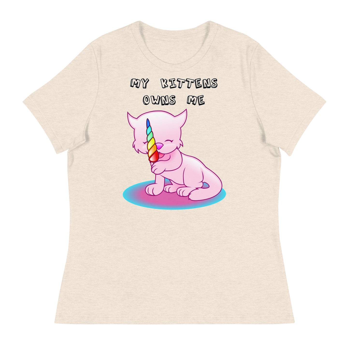 Women's White T-Shirt with Pink Kitten Licking Candy with a text "My Kittens Own Me" at $25.97 found at Personalizedpetlovergifts