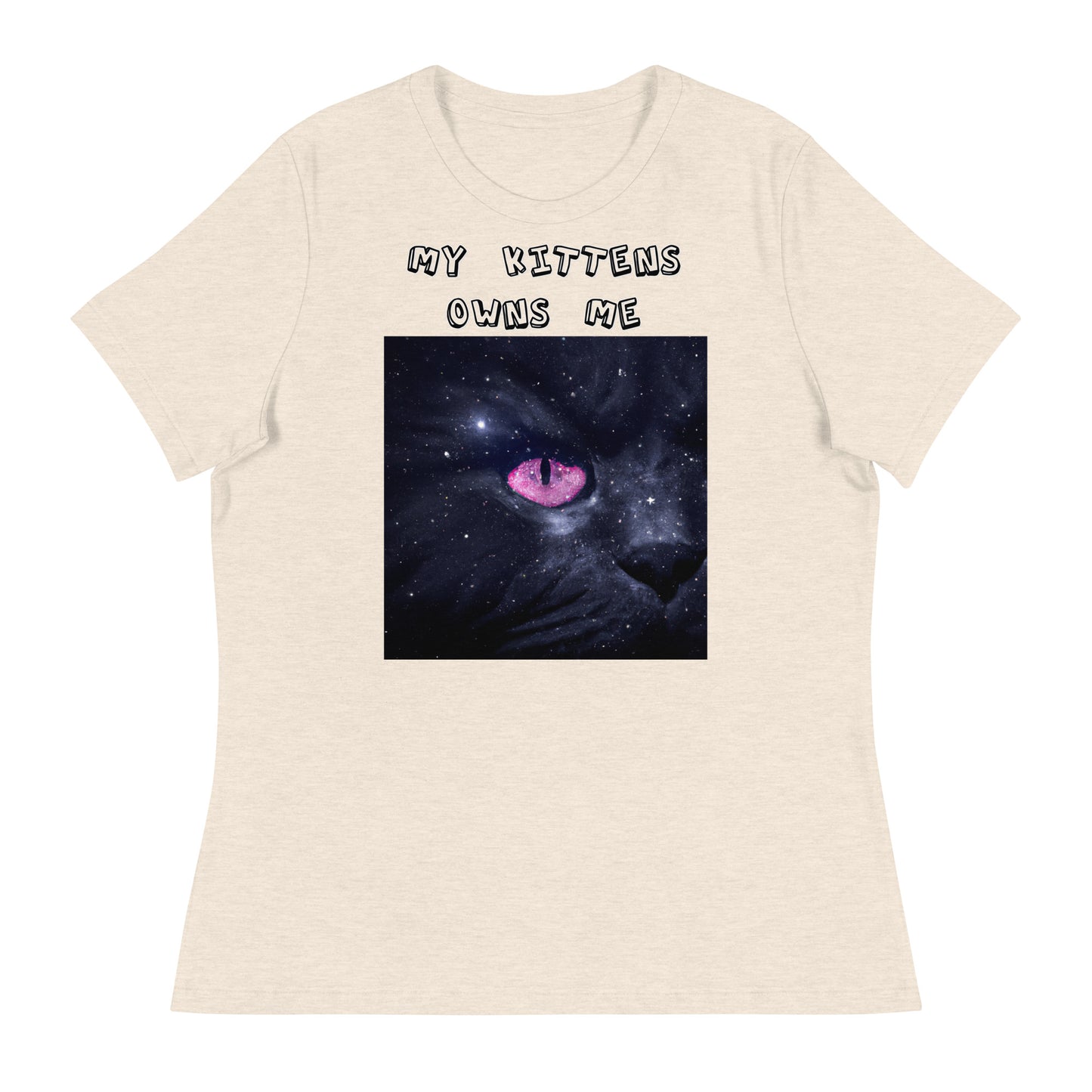 Women's White T-Shirt with Pink Galaxy Eyed Cat with a text "My Kittens Own Me" at $25.97 found at Personalizedpetlovergifts