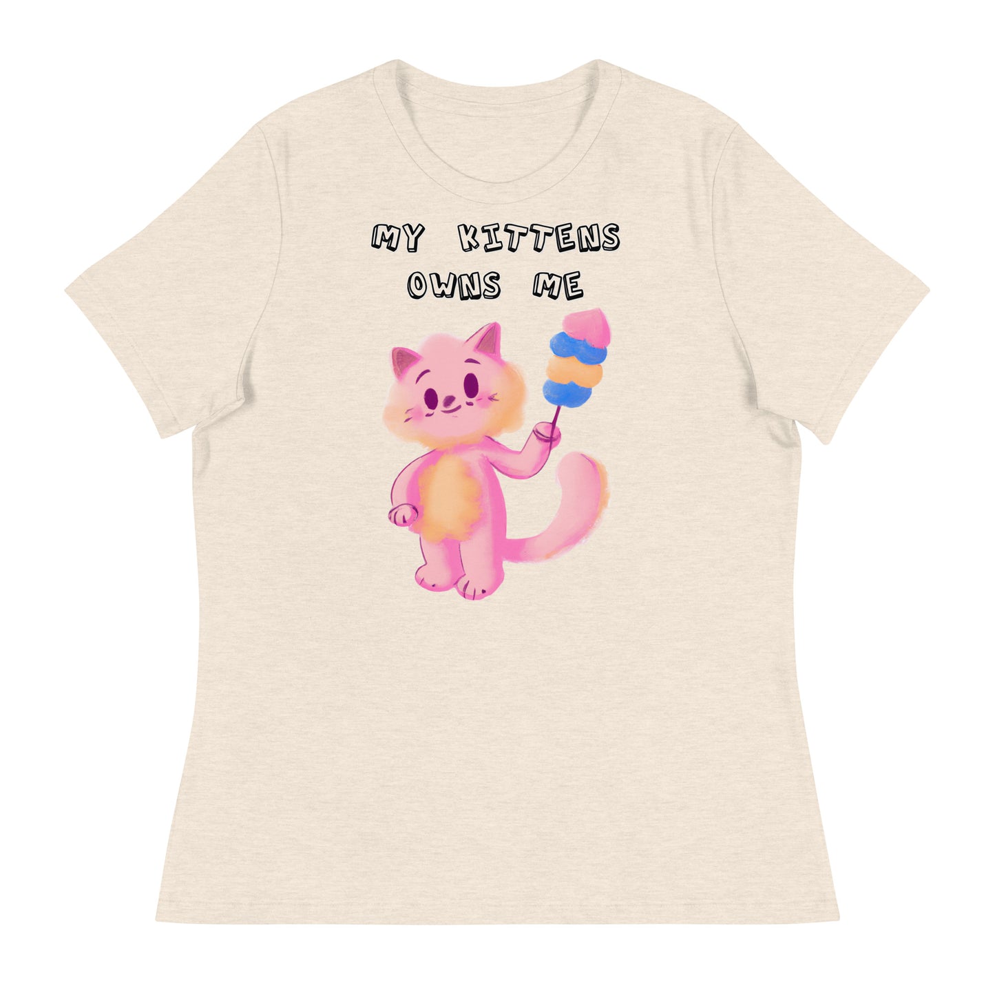 Women's White T-Shirt with Pink Cat With Cotton Candy with a text "My Kittens Own Me" at $25.97 found at Personalizedpetlovergifts