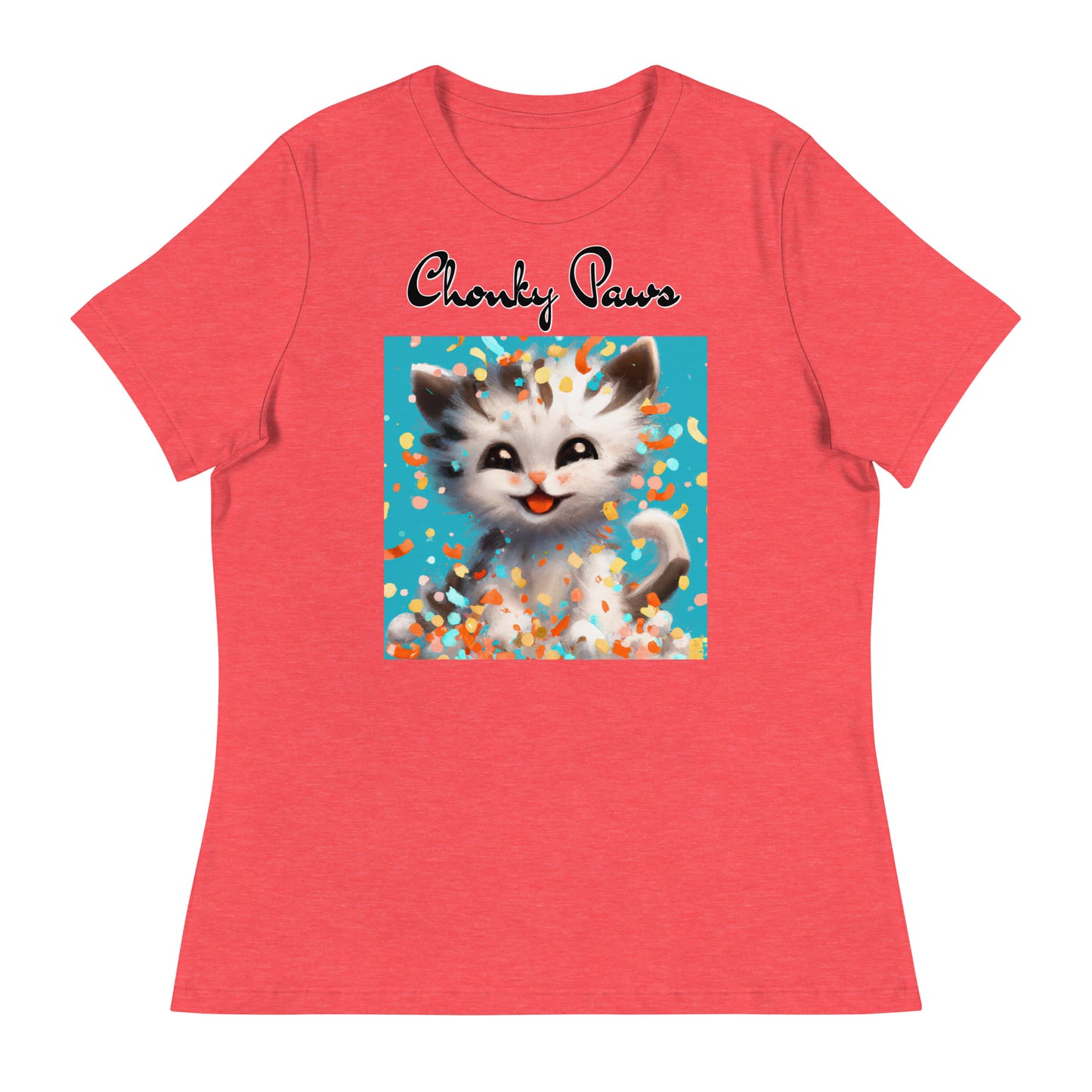 Women's T-Shirt with Happy Kitten With Confetti with a text "Chonky Paws" at $25.97 found at Personalizedpetlovergifts