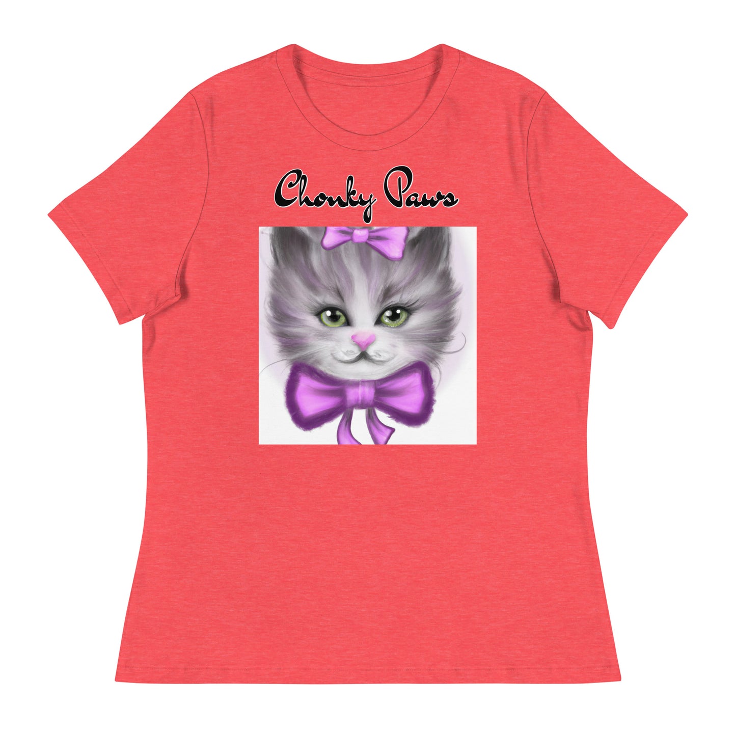 Women's T-Shirt with Happy Kitten With a Purple Bow with a text "Chonky Paws" at $25.97 found at Personalizedpetlovergifts