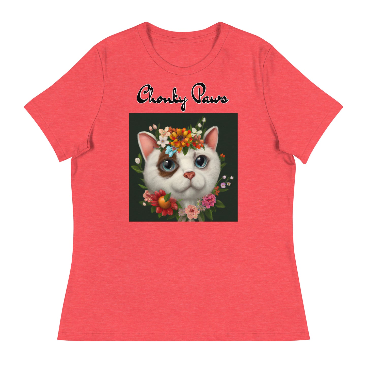 Women's T-Shirt with Happy Cat Portrait With Flowers with a text "Chonky Paws" at $25.97 found at Personalizedpetlovergifts