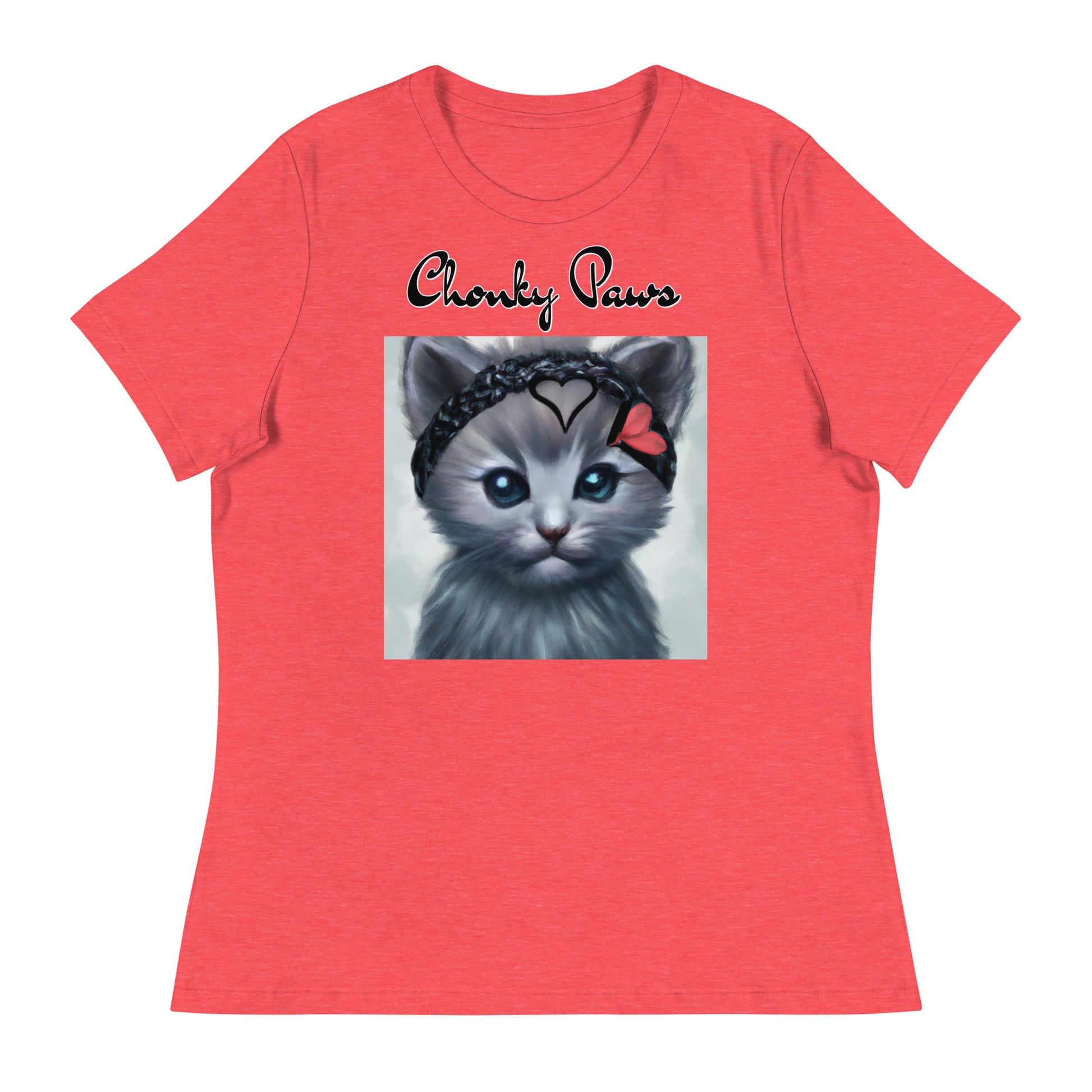 Women's T-Shirt with Grey Kitten With a Headband with a text "Chonky Paws" at $25.97 found at Personalizedpetlovergifts